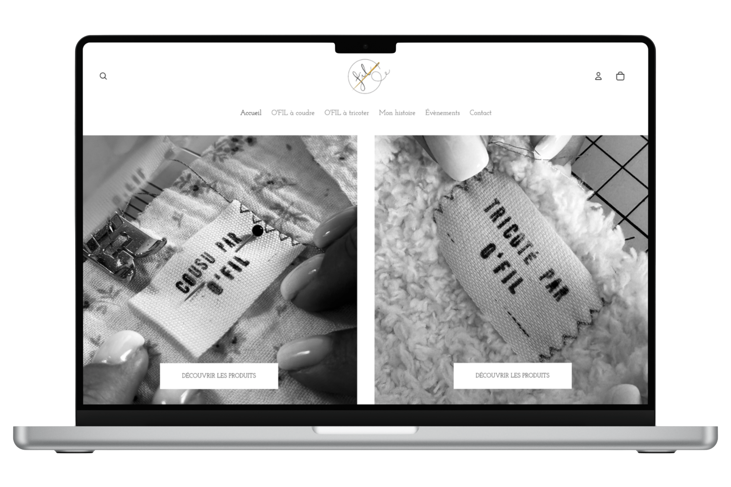 Capture d'écran d'un site web sur un ordinateur portable, affichant en noir et blanc deux images de travaux de couture avec des étiquettes `TUFF'` et `COUTU PAR D'FAL'`. Les images sont accompagnées d'un bouton `DÉCOUVRIR LES PRODUITS`.