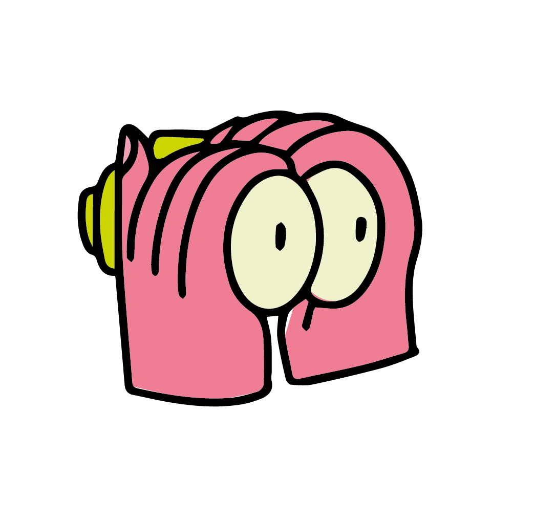 Dessin cartoon d'une créature verte avec des cheveux en forme de tube rose et de grands yeux ovales.