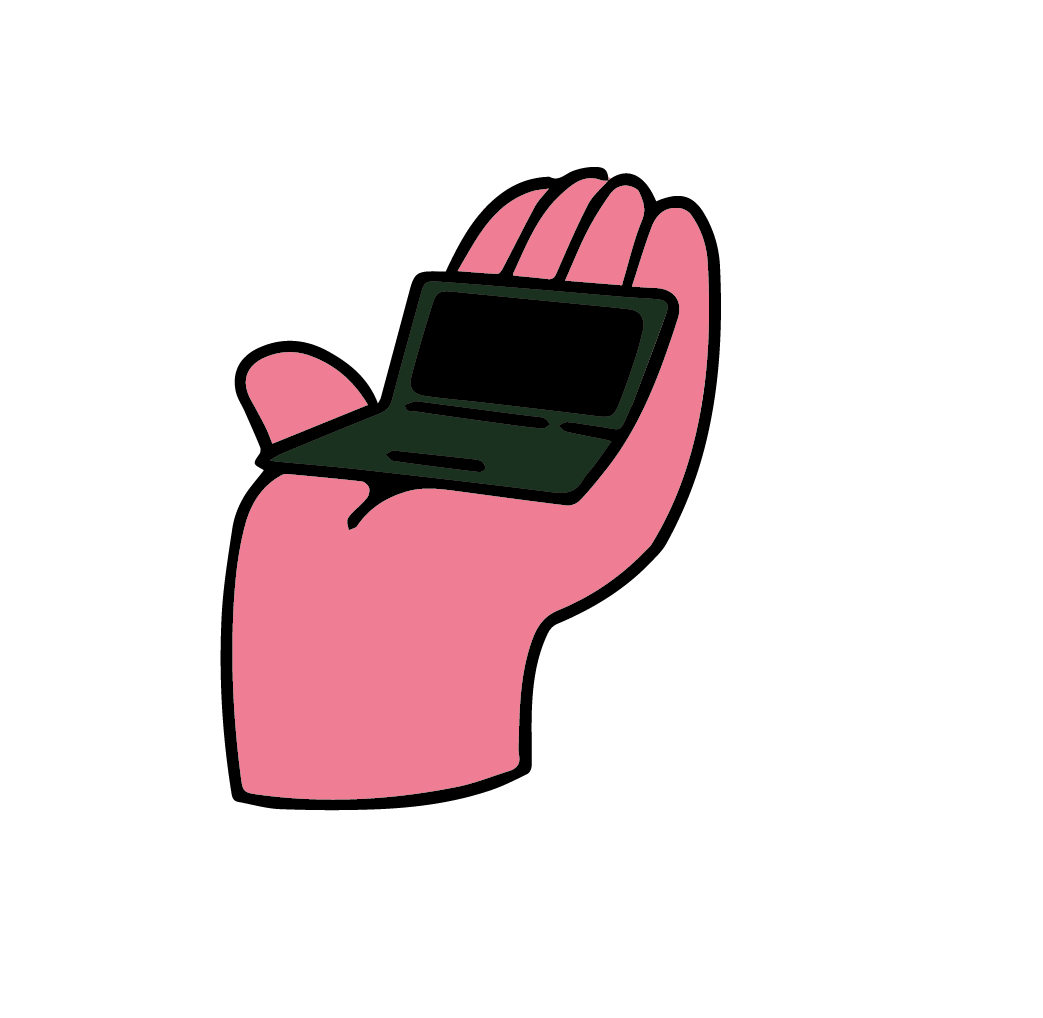 Une main rose tient un ordinateur portable noir. L'ordinateur est ouvert et allumé, mais l'écran est noir.