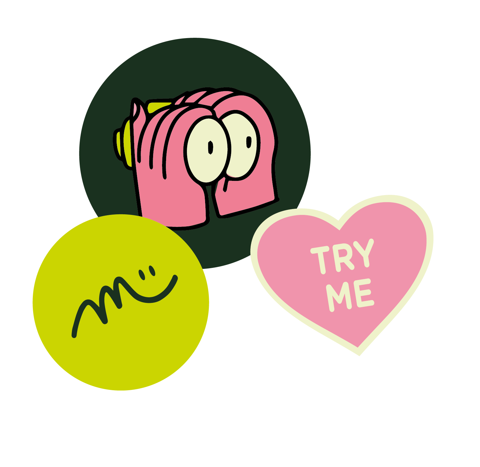 Image de trois autocollants colorés : un autocollant vert avec un sourire, un autocollant noir avec un dessin d'yeux et de l'herbe, et un autocollant rose en forme de coeur avec 'TRY ME' écrit en blanc.