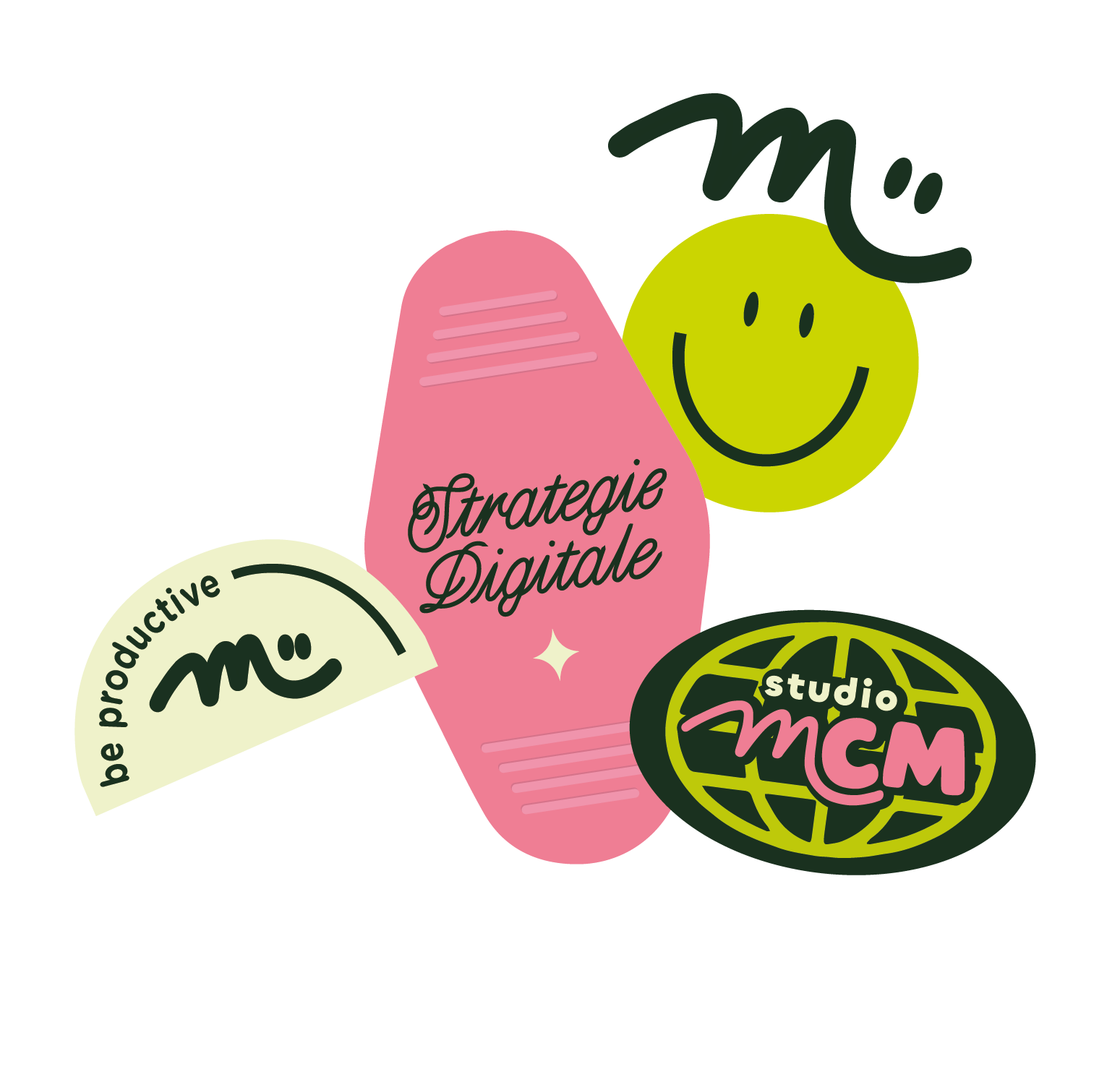 Logo avec des éléments graphiques colorés comprenant le texte 'Stratégie Digitale', 'be productive', et 'studio mcm'.