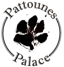 Logo avec une silhouette d'un animal, probablement un chien ou un chat, entourée par un cercle avec le texte 'Pâtouines Palace'