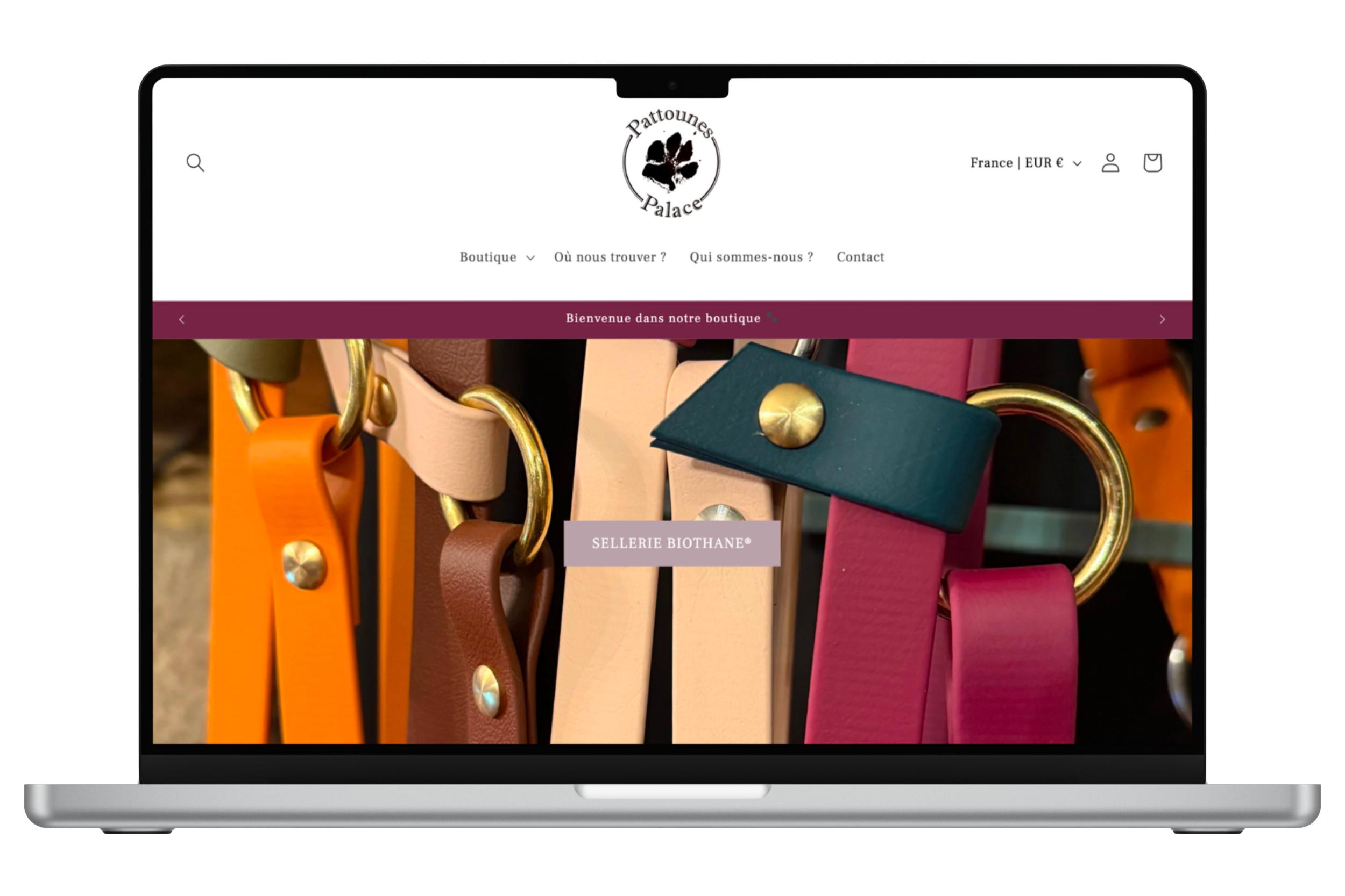 Page d'accueil d'une boutique en ligne de cuir coloré avec un logo représentant une empreinte de patte et le nom 'Pattounes Palace'.