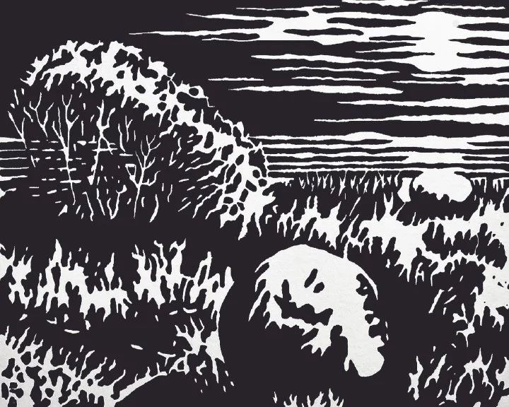 "Moon Over Ipswich Bay". Lino block print. 8" x 10" image on 10” x 12” paper. 