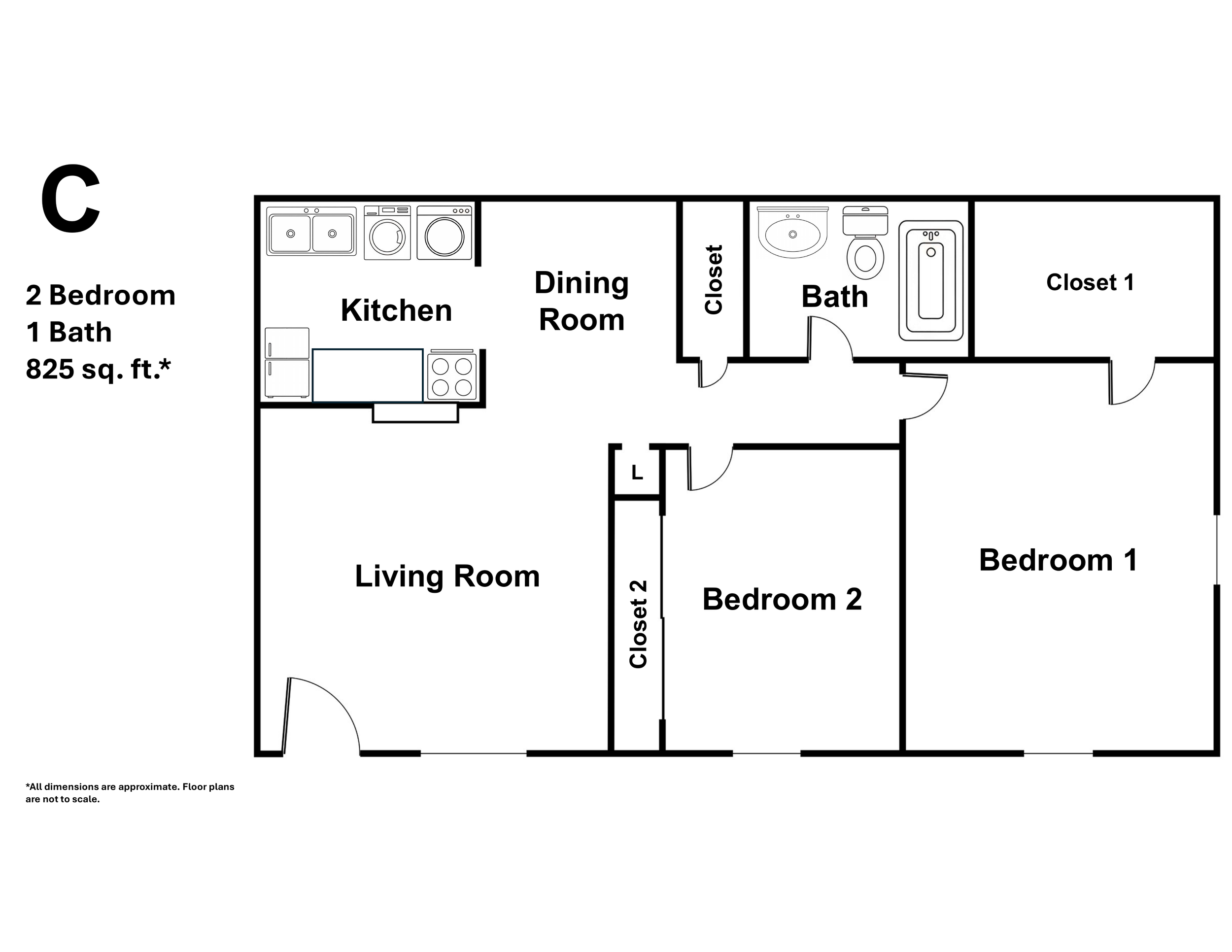 Floor plan for Plan C at Greyfield Apartments, a 2 bedroom, 1 bathroom layout with 825 square feet, including two separated bedrooms, a living room, dining room, and washer/dryer connection