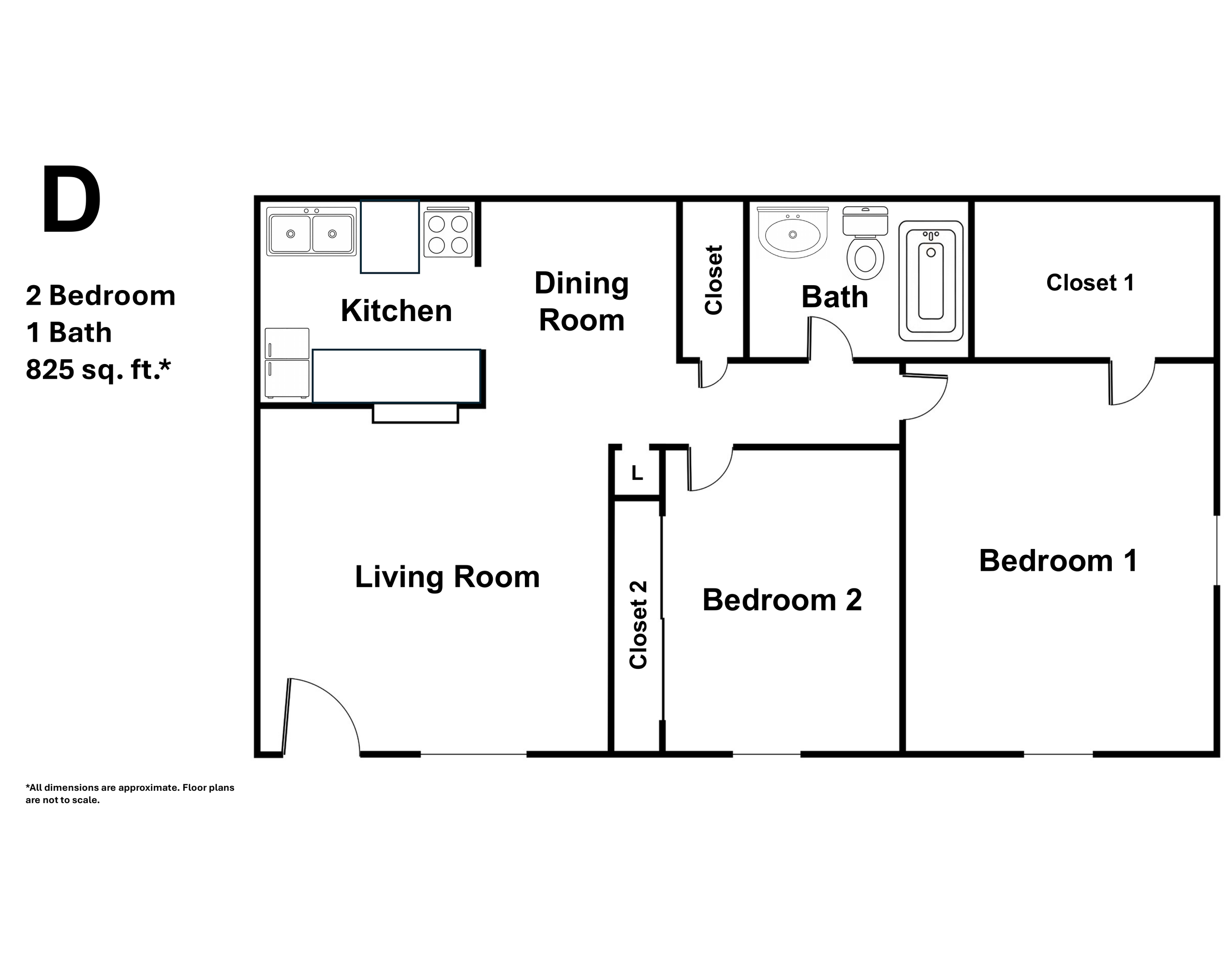 Floor plan for Plan D at Greyfield Apartments, a 2 bedroom, 1 bathroom layout with 825 square feet, featuring an open living and dining area, expanded kitchen counter space, and a flow-through design
