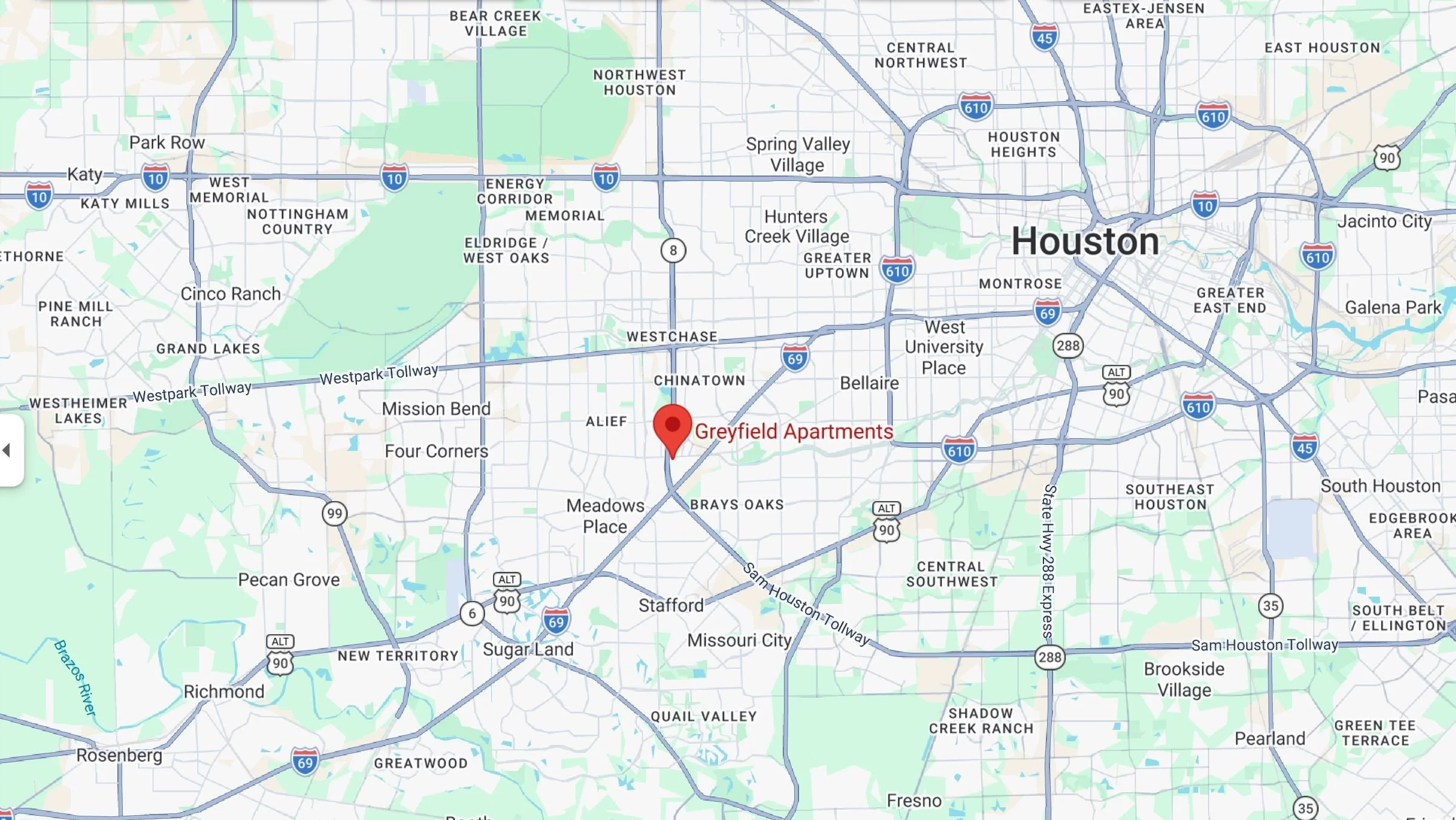 Map showing Greyfield Apartments located in southwest Houston near Chinatown, Bellaire, and Sugar Land, with easy access to Beltway 8, Highway 59, and Loop 610