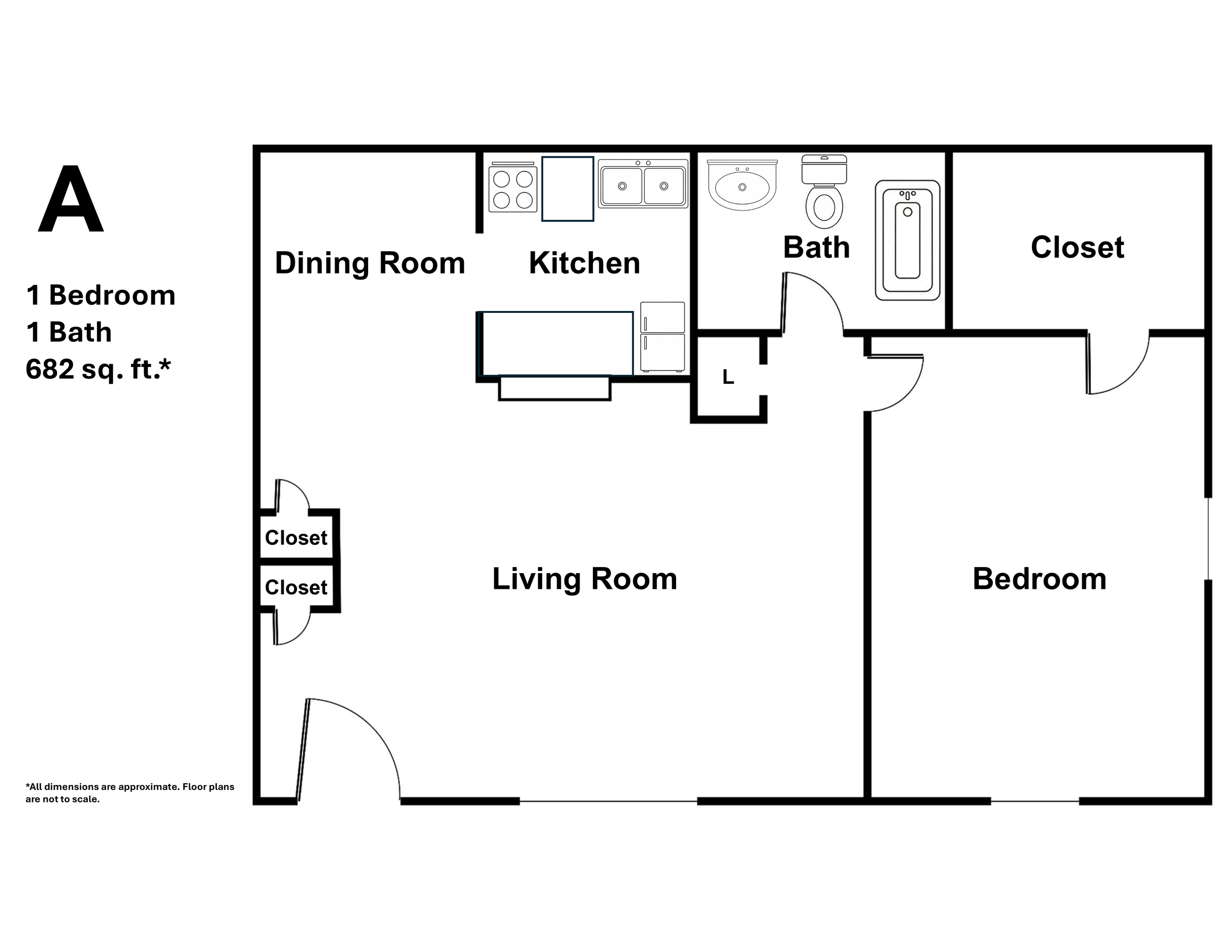 Floor plan for Plan A at Greyfield Apartments, a 1 bedroom, 1 bathroom layout with 682 square feet, including a living room, dining room, kitchen, and multiple closets
