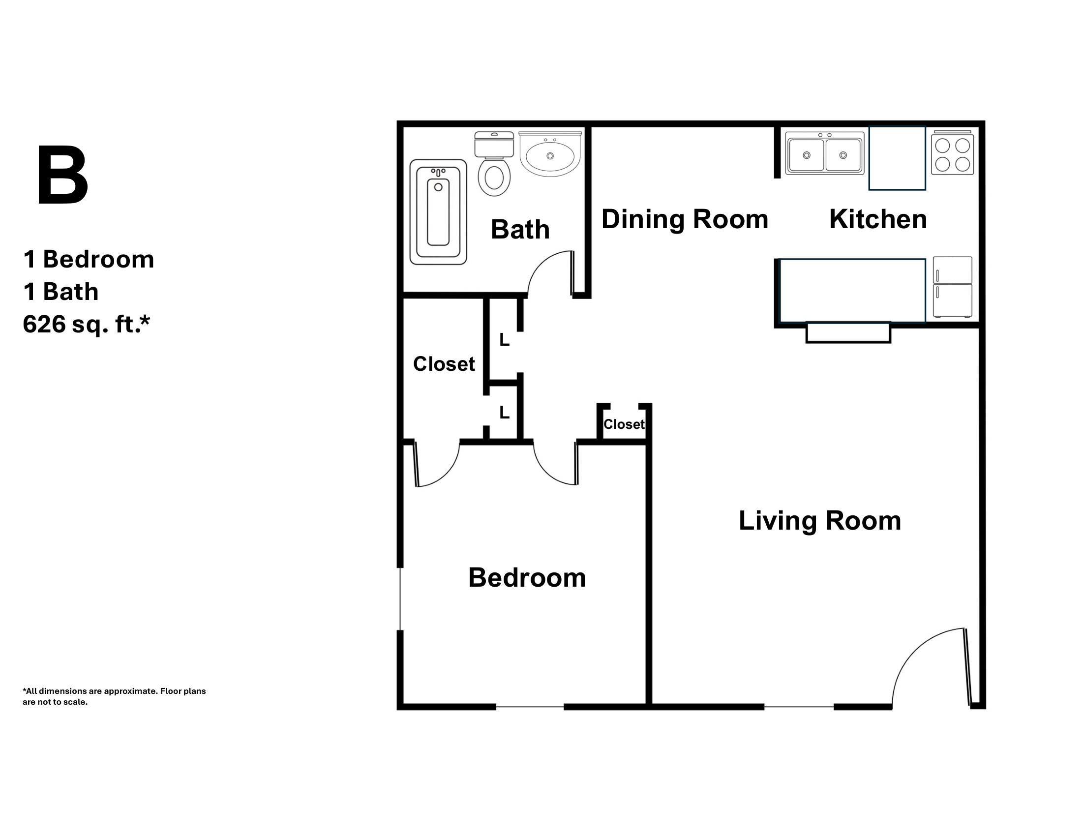 Floor plan for Plan B at Greyfield Apartments, a 1 bedroom, 1 bathroom layout with 626 square feet, including a large living room, separate dining area, and in-home storage