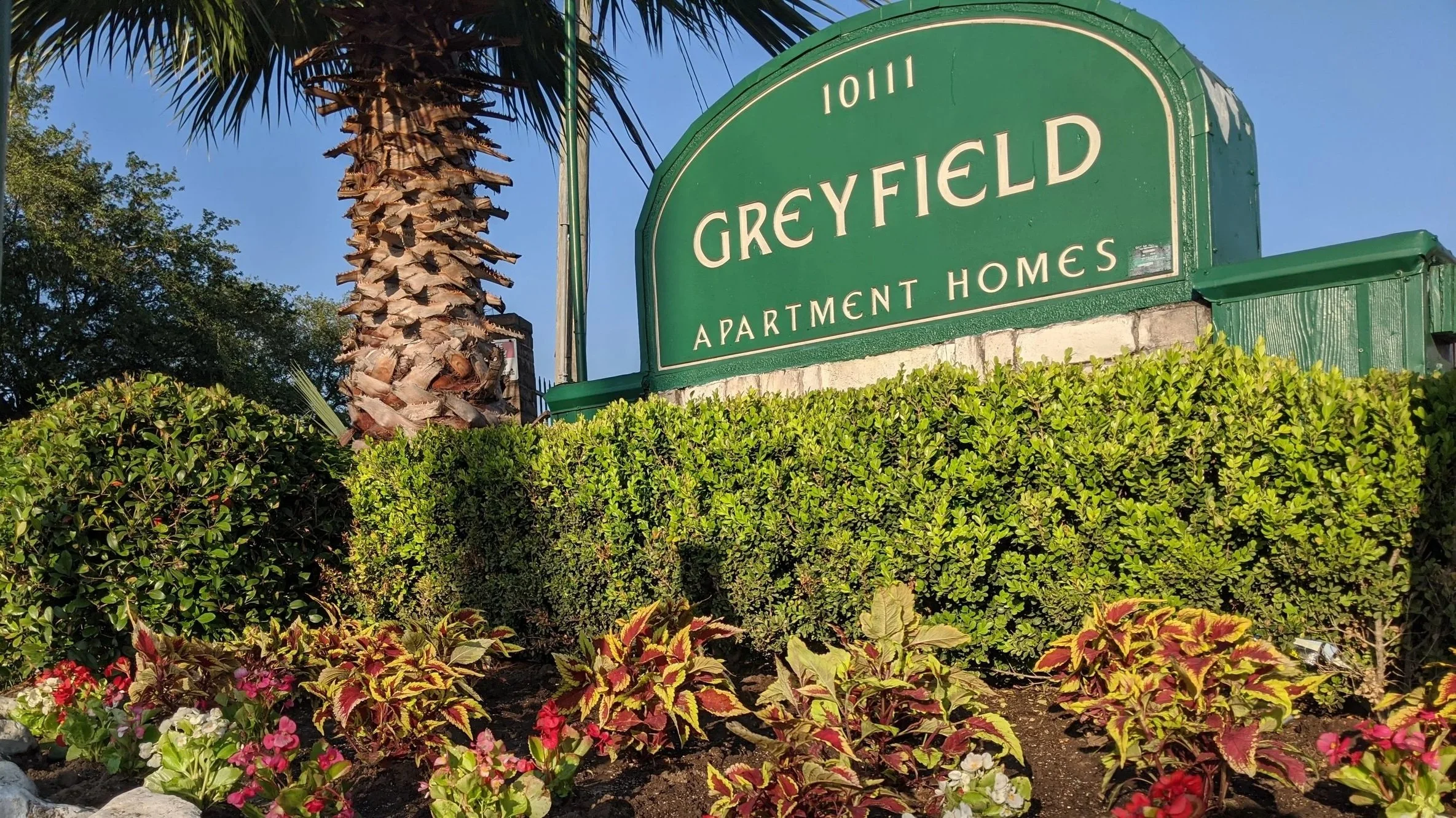Greyfield Apartment Homes entrance sign surrounded by manicured landscaping, palm trees, and colorful plants under a clear blue sky