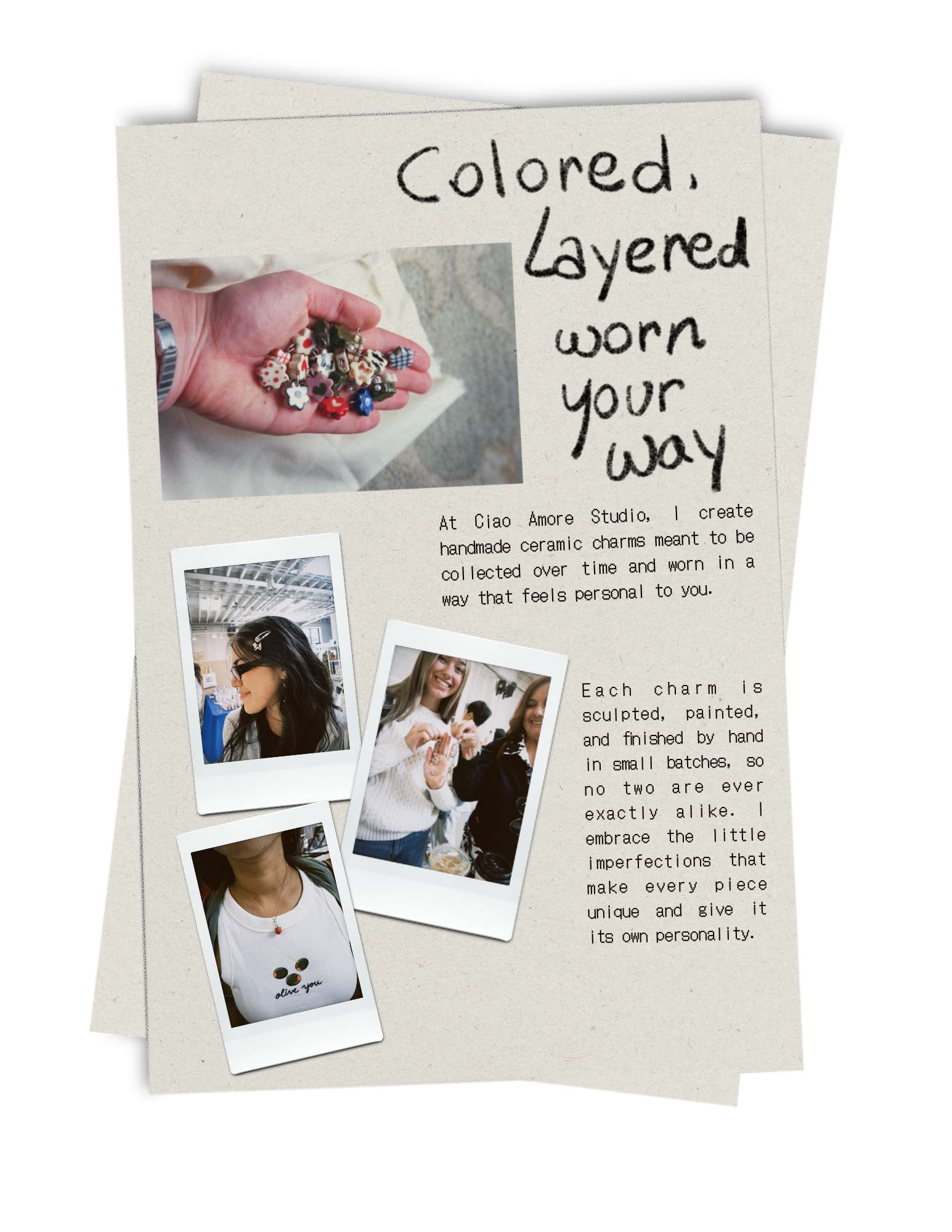 A collage of photos and handwritten notes about handmade ceramic charms, including images of people, charms, and related text.