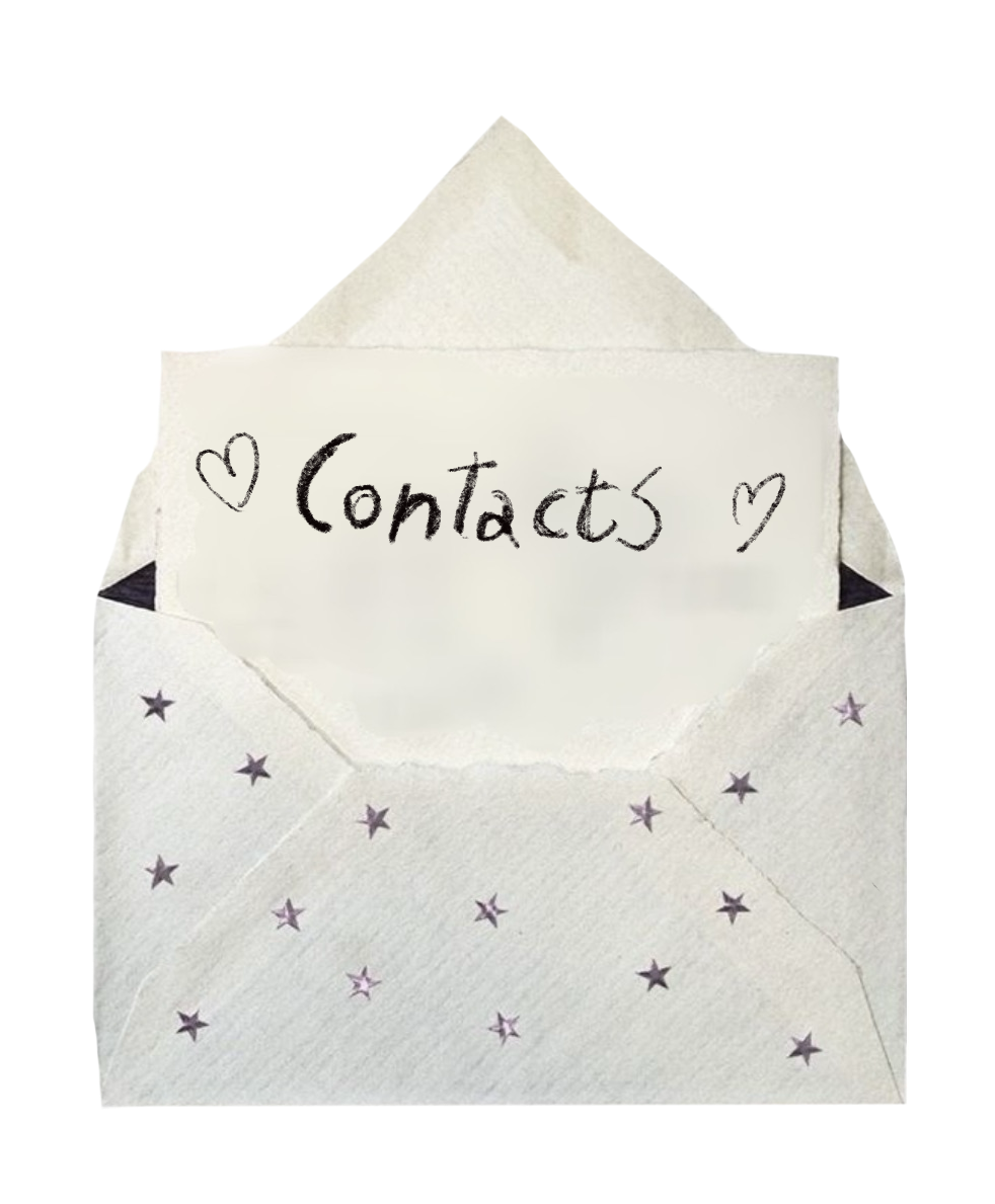 A white envelope with star patterns, opened to reveal a handwritten note that says 'Contacts' with hearts on each side.