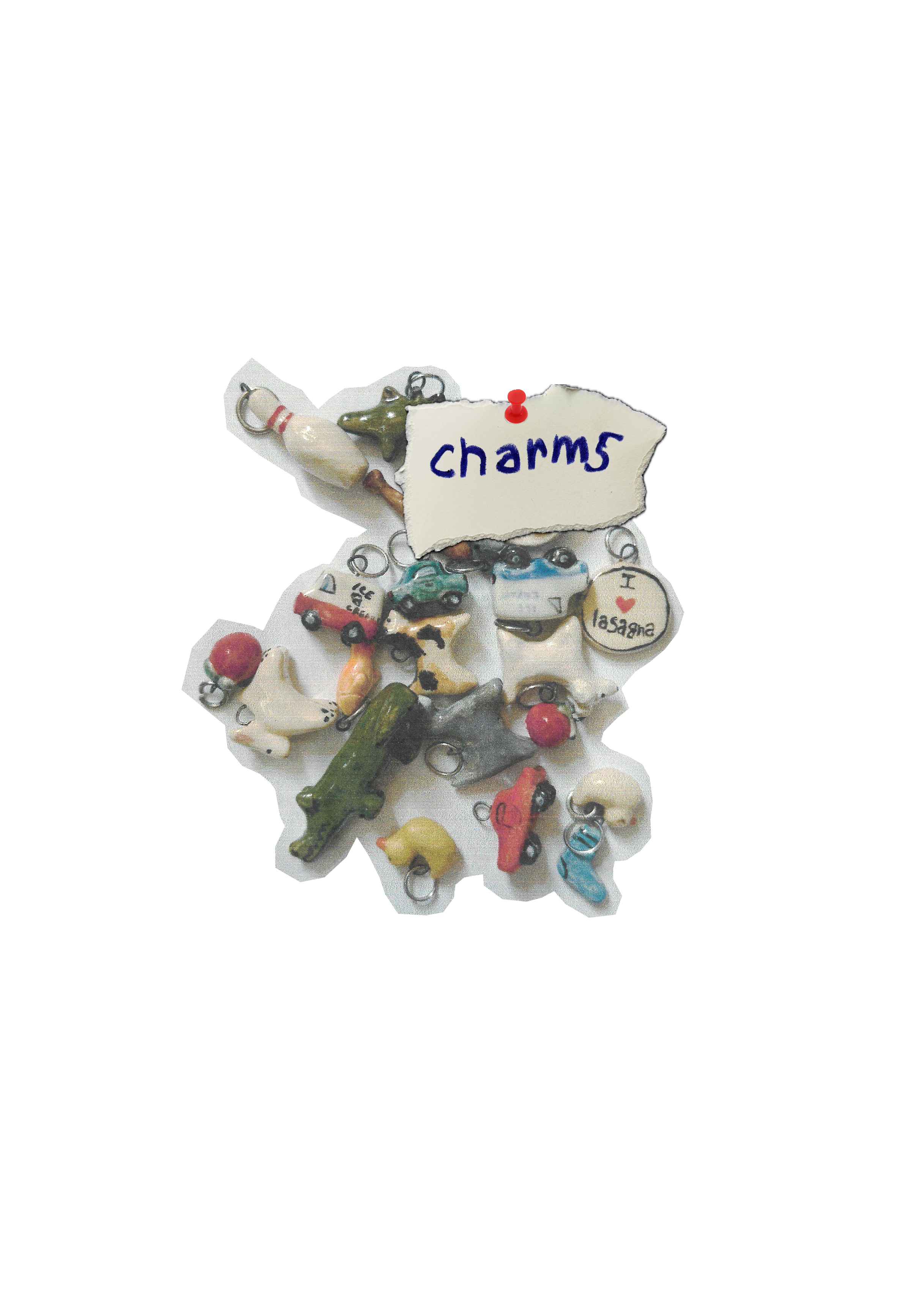 Assortment of small charms and trinkets, including a white charm with a red stripe, a green frog, a small red car, a white car, and a charm with the word 'baskets' and a heart, pinned to a white surface with a piece of paper reading 'charms' attached with a red pushpin.
