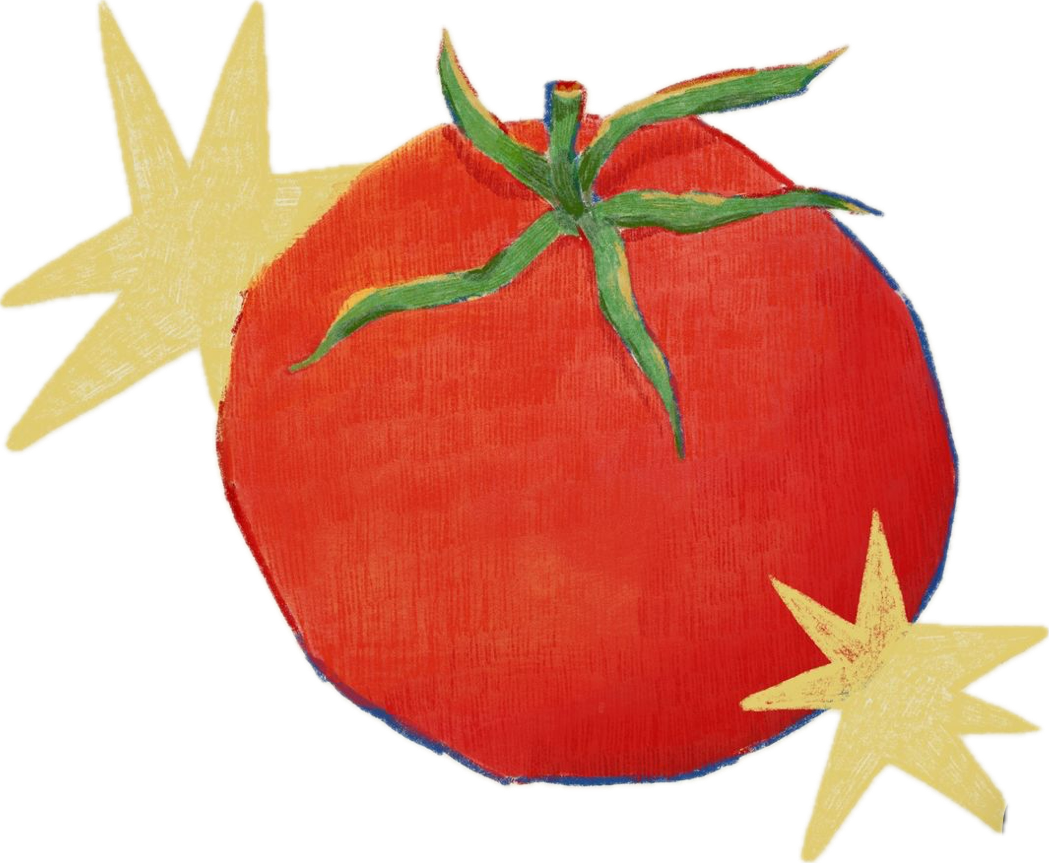 A drawing of a ripe red tomato with a green stem, accompanied by two yellow stars.