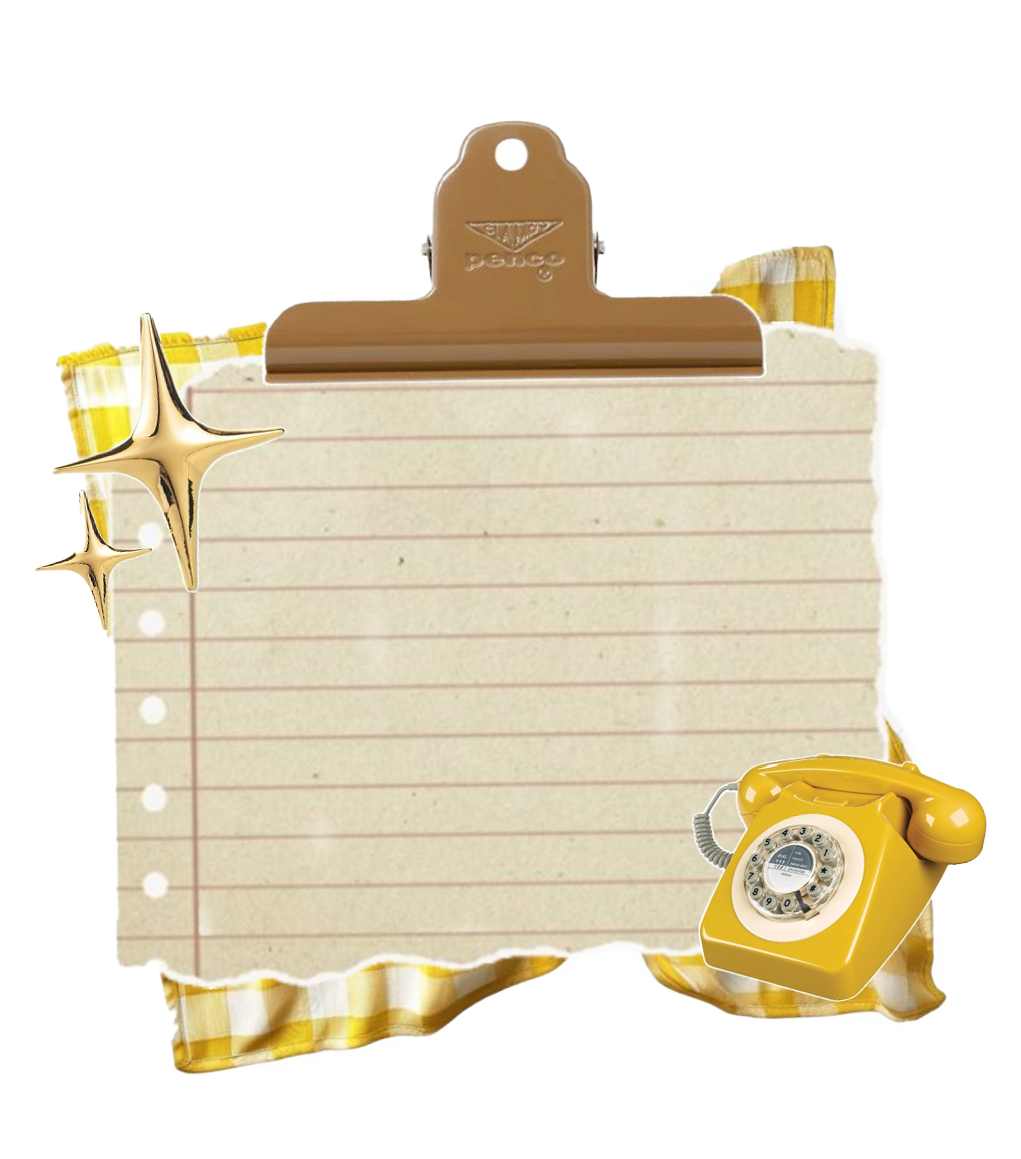 A blank lined note paper with a yellow rotary phone, a clipboard, and stars, designed in a retro style with yellow checkered borders.