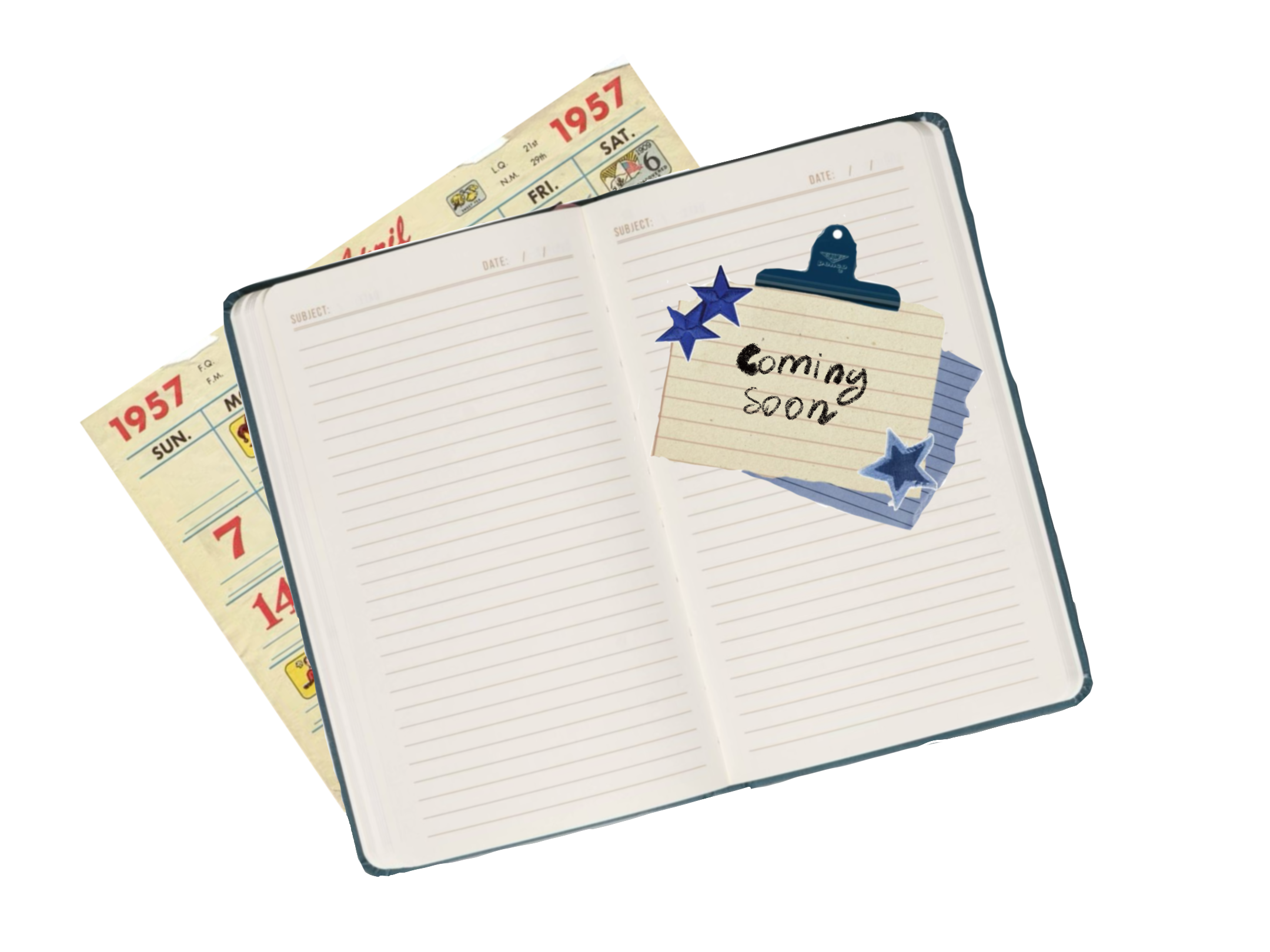 Open notebook with a "coming soon" note and star stickers and a partially visible calendar from 1957 underneath.