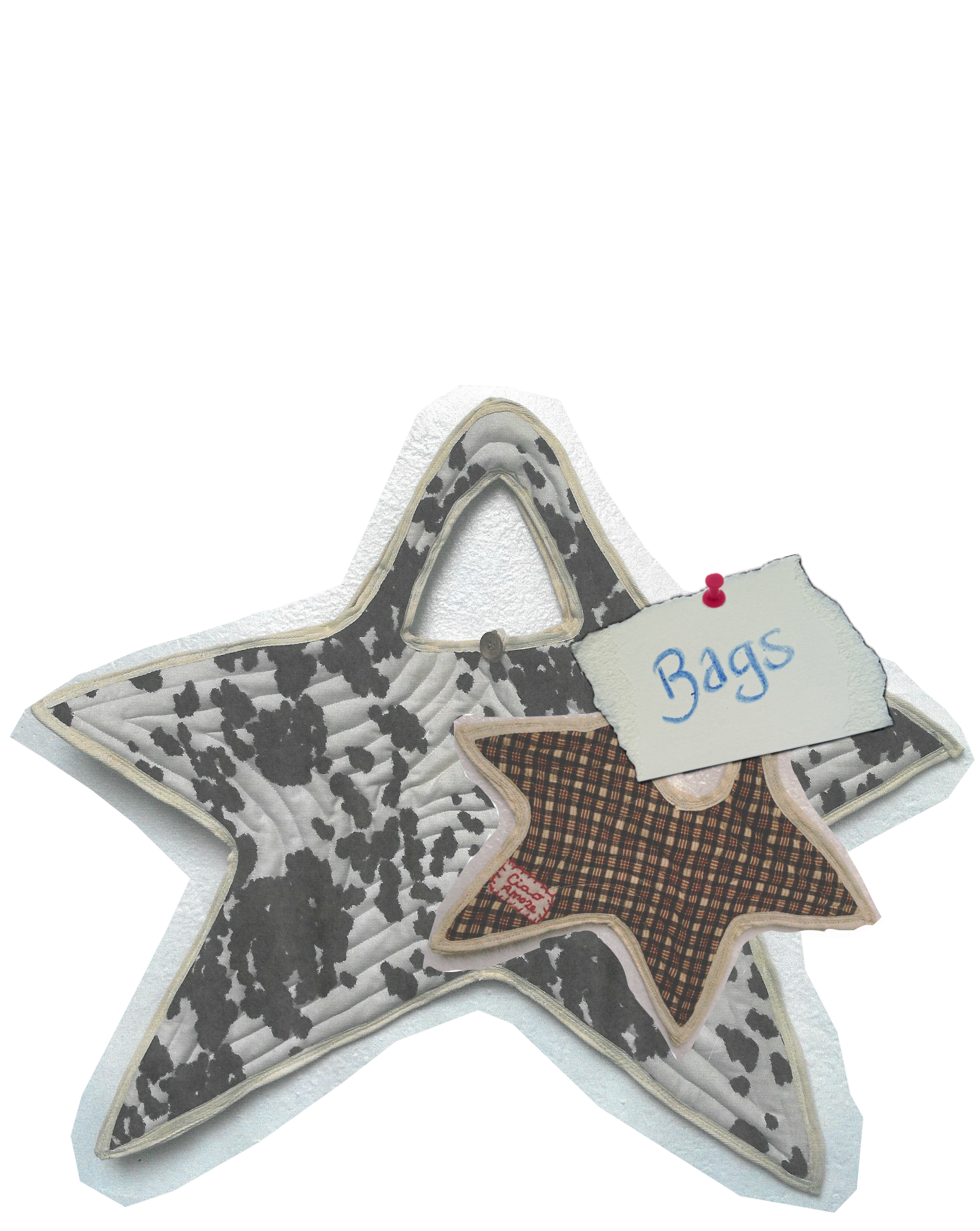 Close-up of a star-shaped fabric organizer with a label that says 'Bags', featuring different patterned fabric sections.