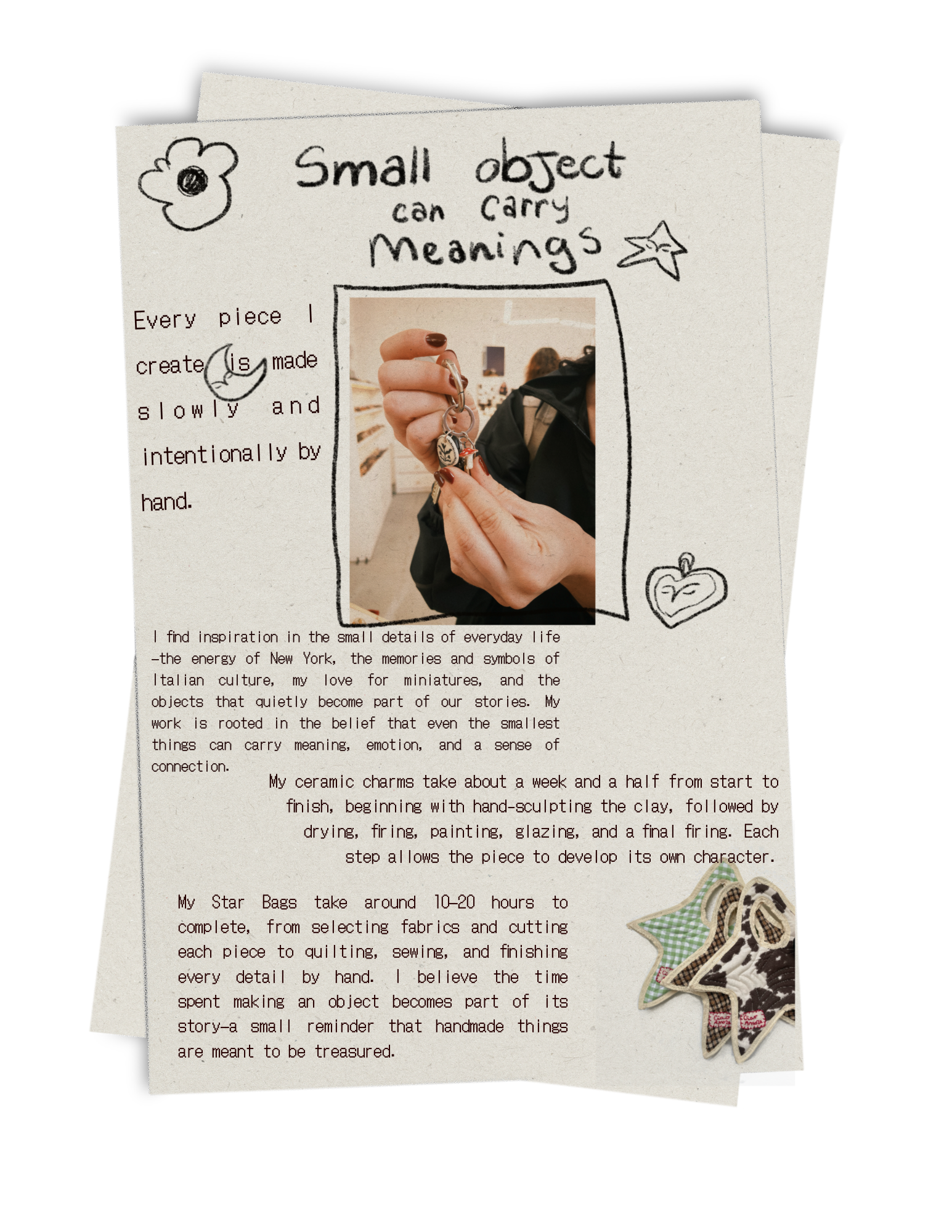 Handwritten note with illustrations and a small photo in the center. The note talks about the meaning of small objects, inspiration from everyday life, and making ceramic charms. The photo shows a person holding a keychain, with other people or objects blurred in the background.