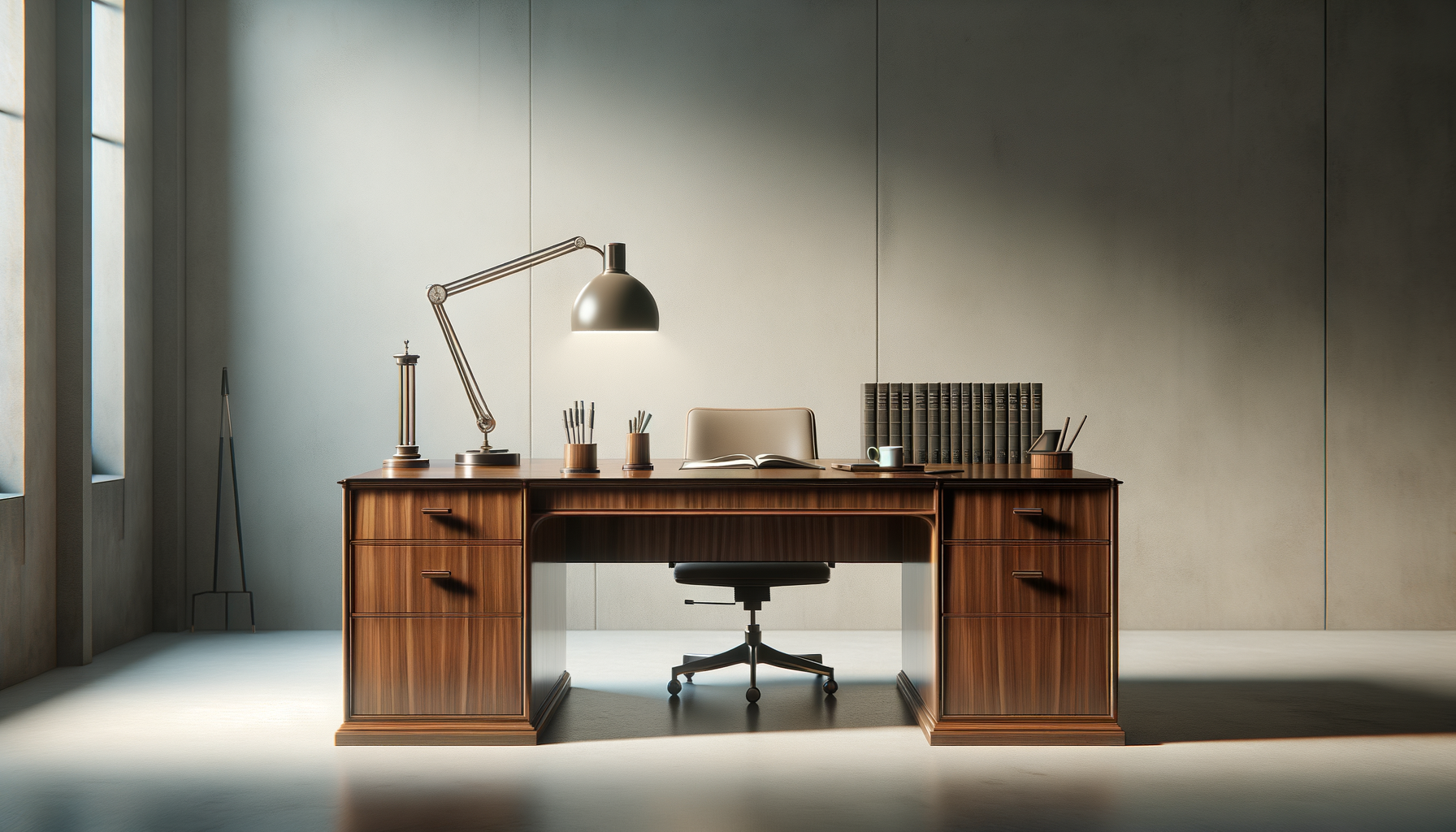 Empty office with a wooden desk, black swivel chair, desk lamp, open book, pens, coffee mug, and books, illuminated by natural light from tall windows.