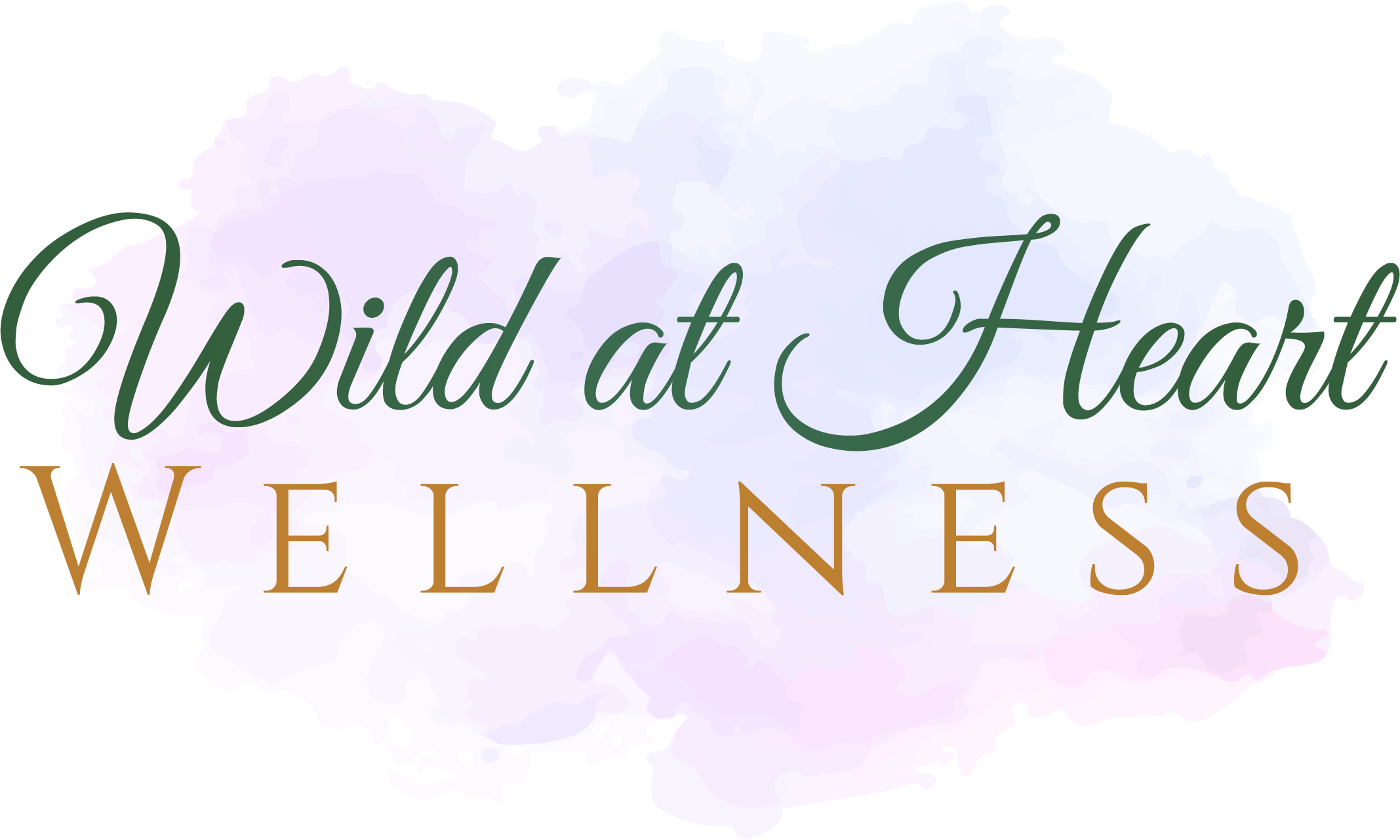 Text on a watercolor background reads 'Wild at Heart Welliness' with artistic green and brown accents.