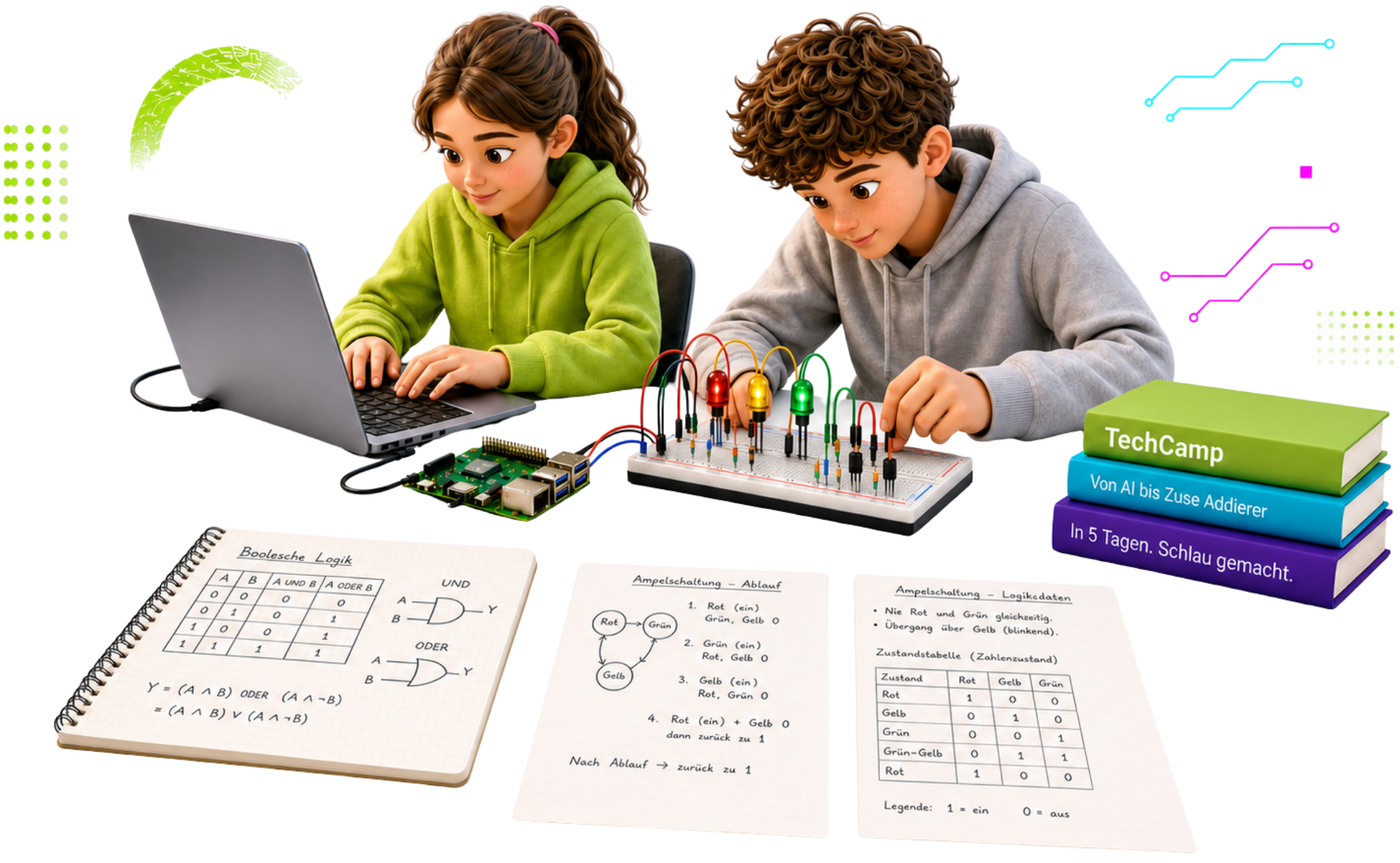 Zwei Kinder bearbeiten ein Elektronikprojekt mit einem Breadboard, LEDs und einem Raspberry Pi, umgeben von Lernmaterialien und Büchern über Logik und Elektronik.