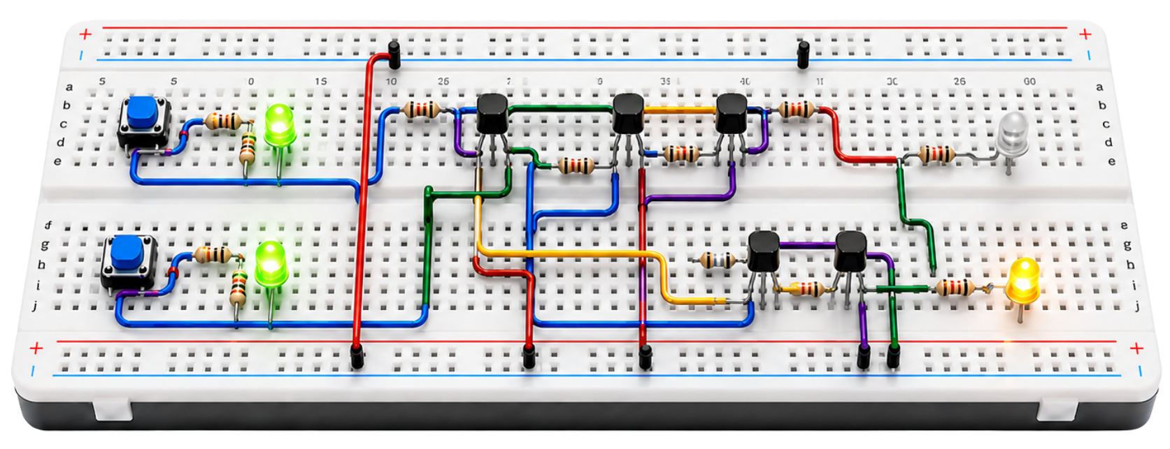 Ein Breadboard mit einer elektrischen Schaltung, bestehend aus Widerständen, Transistoren, LEDs in verschiedenen Farben, Tastern, verbunden mit farbigen Drahtbrücken.
