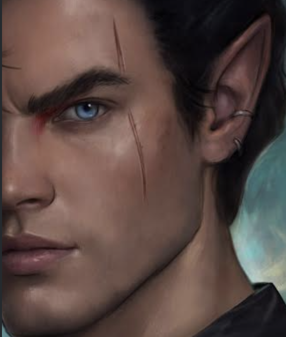 Close-up of an elf with blue eyes, pointed elf ear with multiple piercings, and a scar on the face.