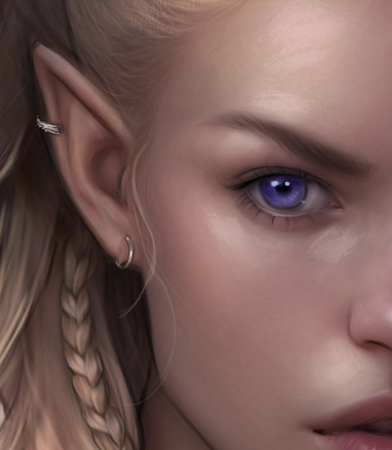 Close-up of a person's face, featuring a violet eye, light skin, blonde hair with braids, and multiple earrings.