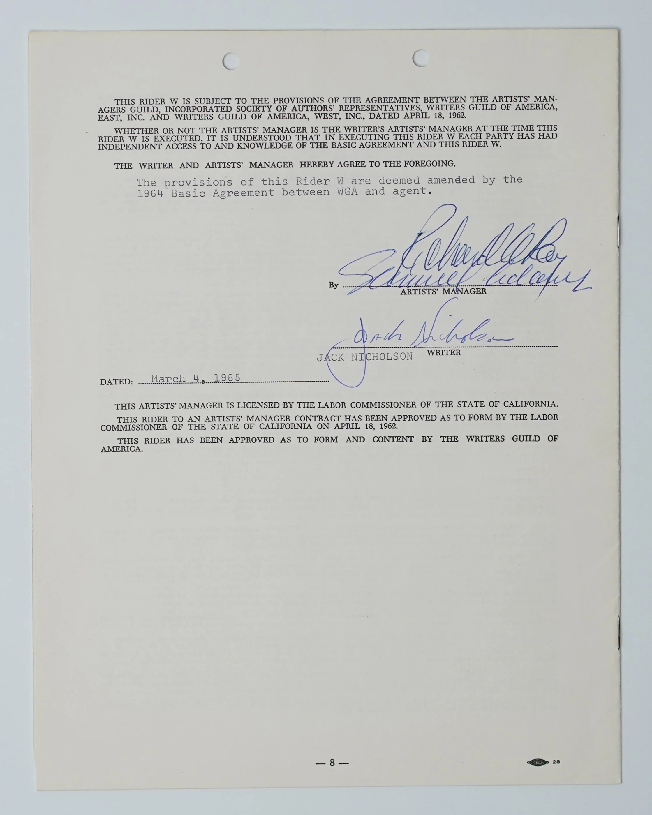 Jack Nicholson’s Writer’s Contract