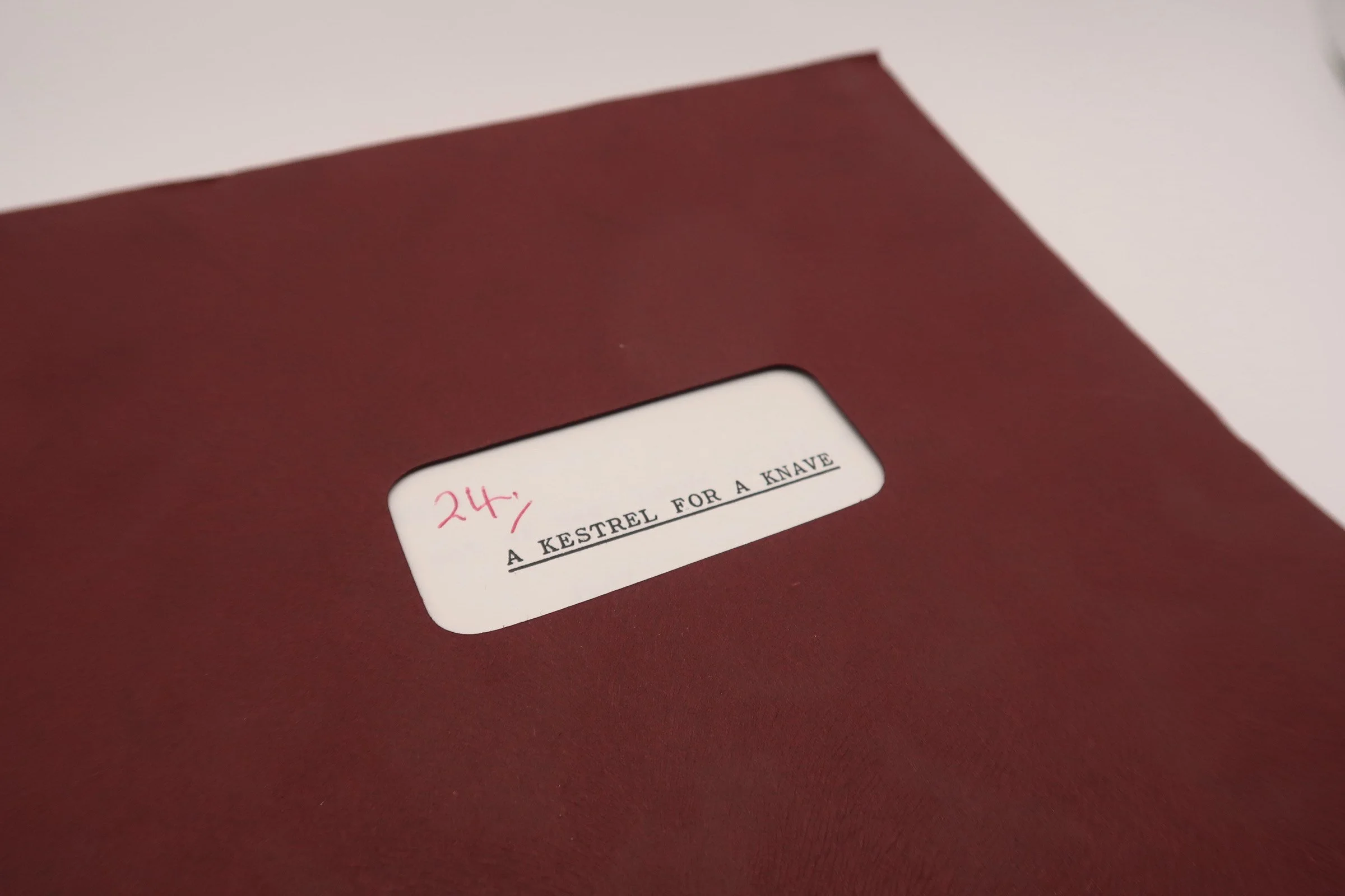 Close-up of a brown book with a white label on the cover that reads '24.- A KESTREL FOR A KNAVE'.