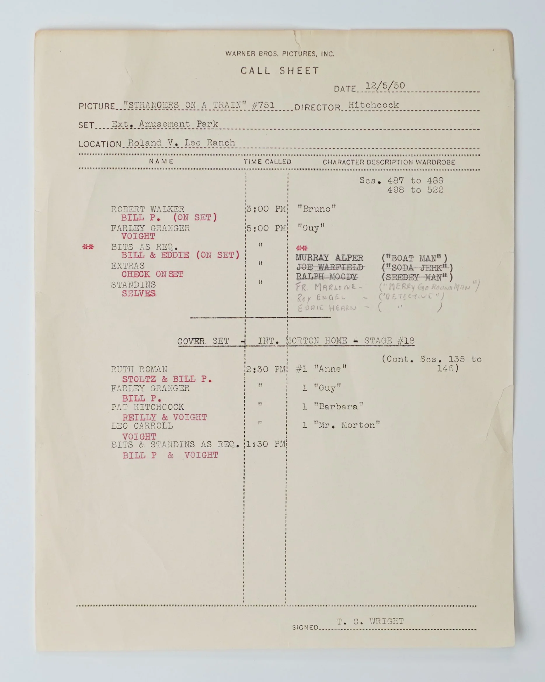 A Call Sheet for the Key Scene of a Hitchcock Classic
