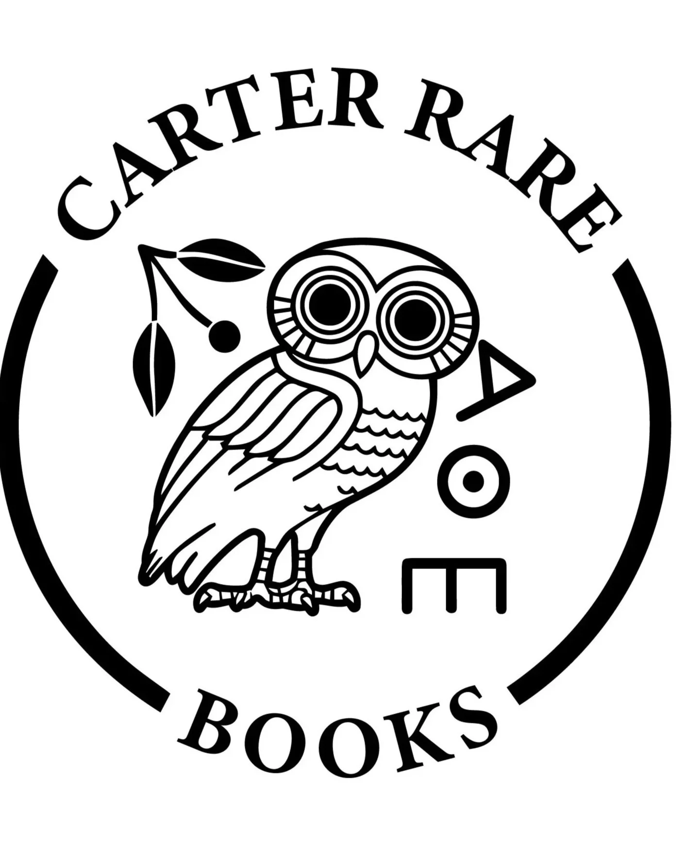 Logo for Carter Rare Books featuring a stylized owl with large, patterned eyes sitting on a branch with leaves, and the words 'Carter RARE BOOKS' encircling the owl.