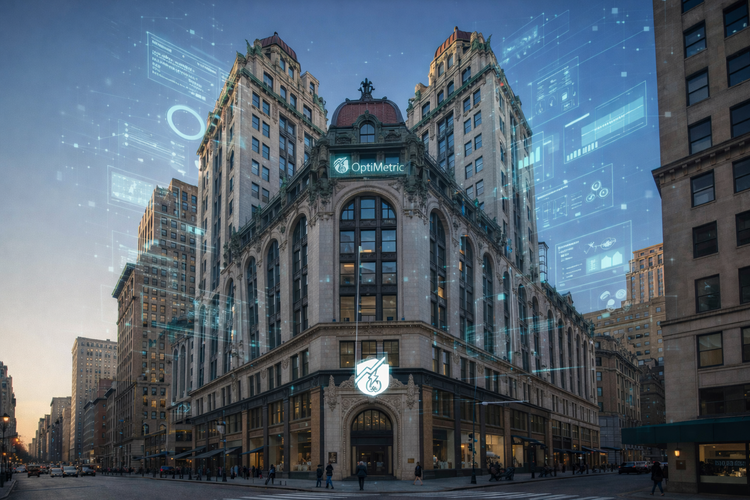 An ornate historic building in a city street with digital overlay graphics of futuristic technology and data, including the words 'OptiMetric' and various tech icons.