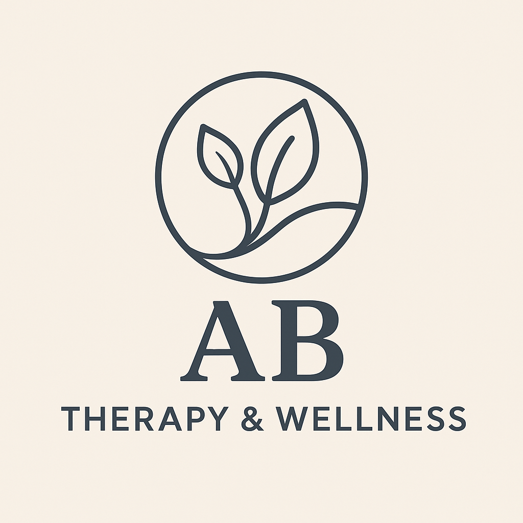 Logo for AB Therapy & Wellness featuring a circle with a line drawing of leaves inside and the text 'AB Therapy & Wellness' below.