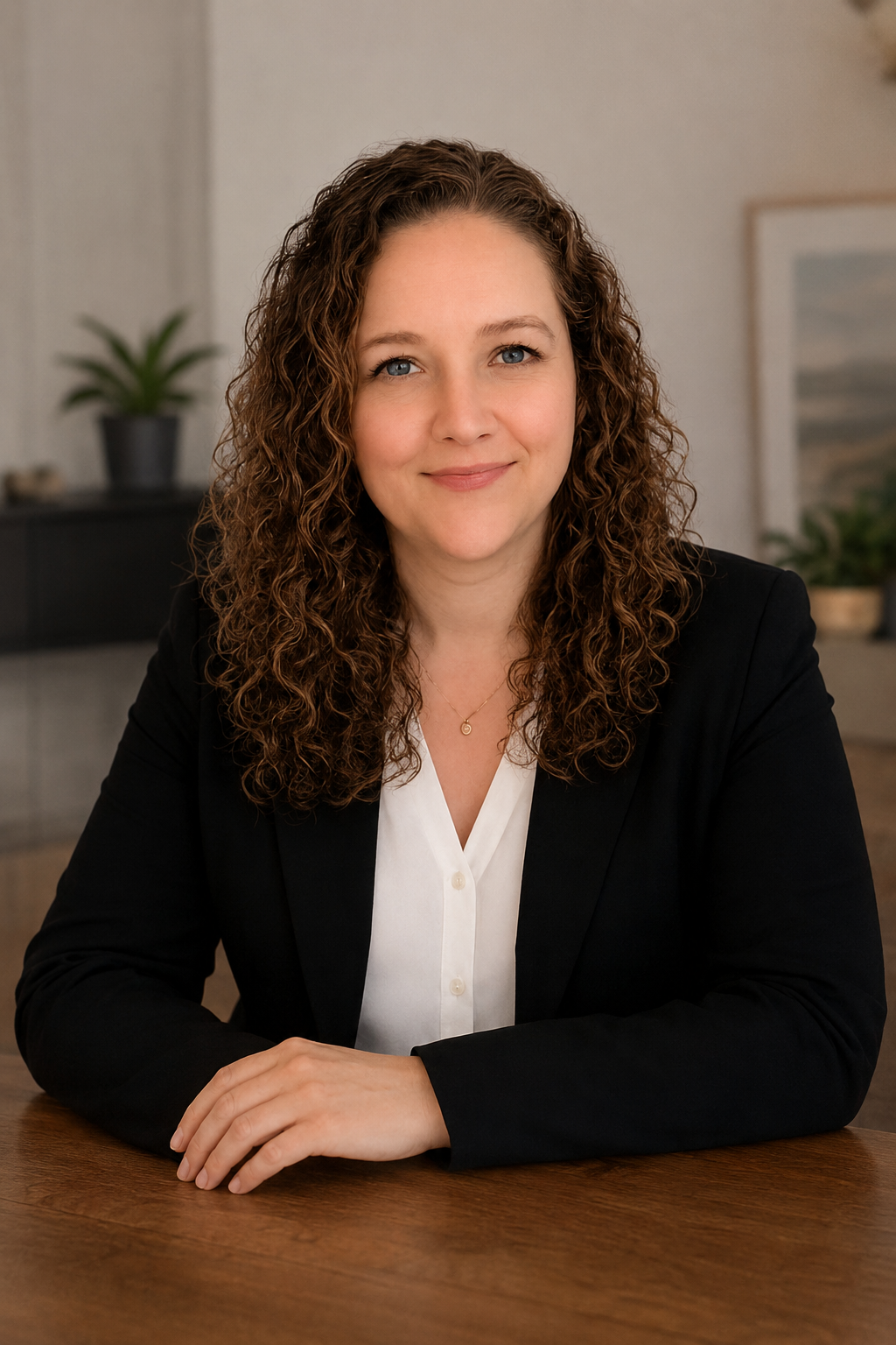 Image of the founder of Dandylion Strategy - Olivia Bellini, curly hair, black jacket, boardroom or office, looking confident