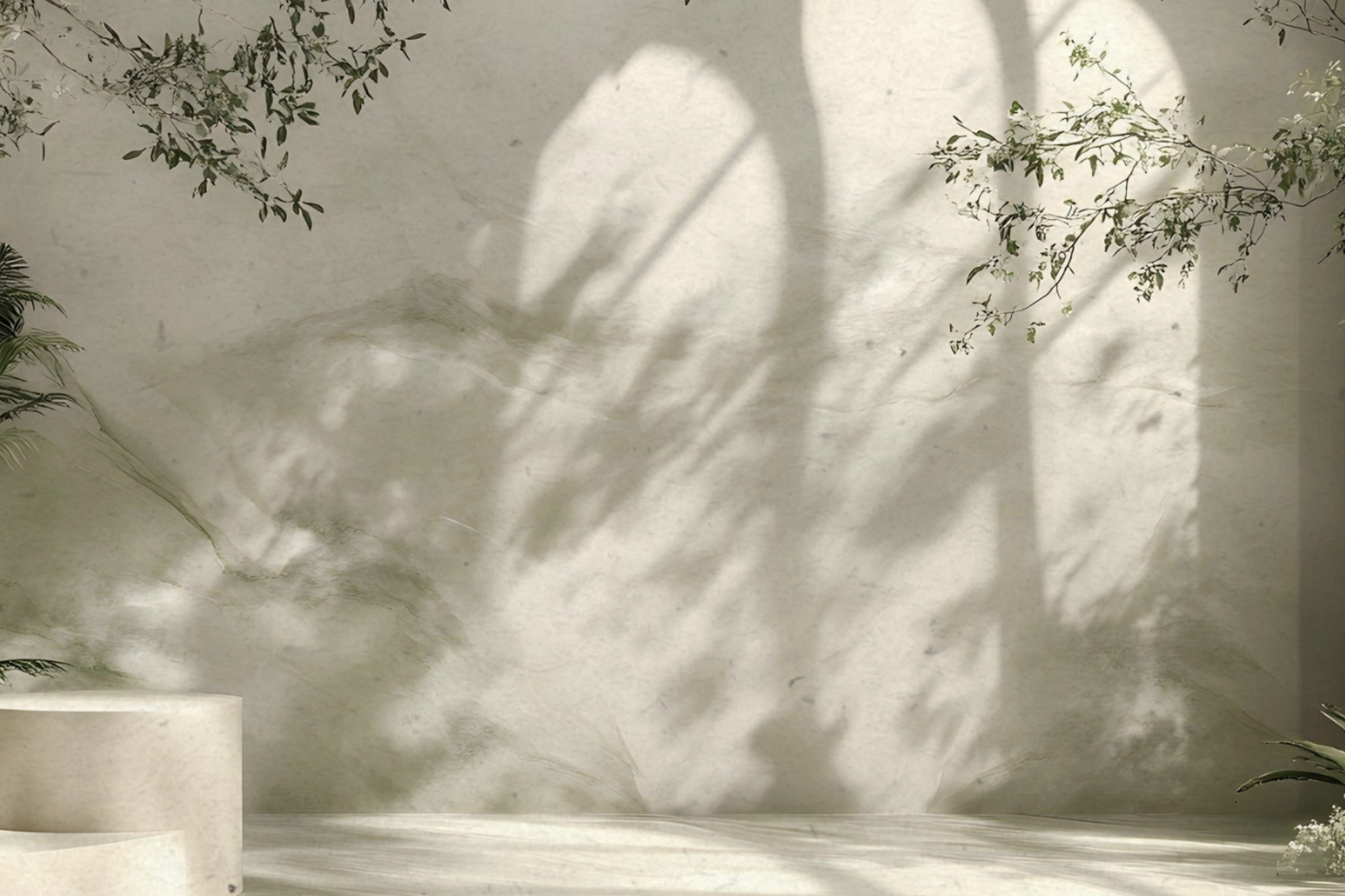 Sunlight casting shadows of leaves and branches on a light-colored, textured wall in a minimalistic room with plants.