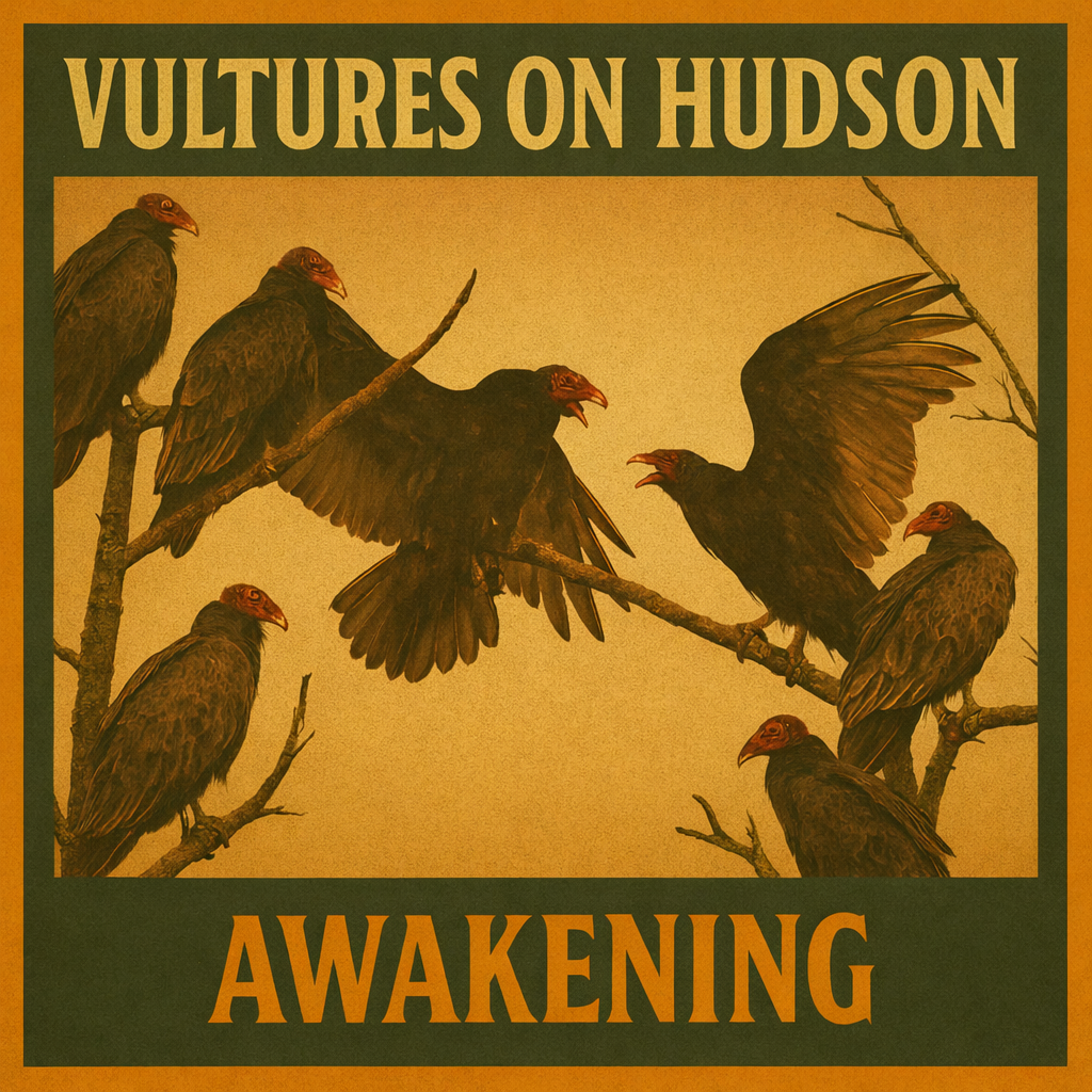 Six vultures perched on tree branches with one vulture in flight, set against a yellow background, with the words 'Vultures on Hudson' at the top and 'Awakening' at the bottom.