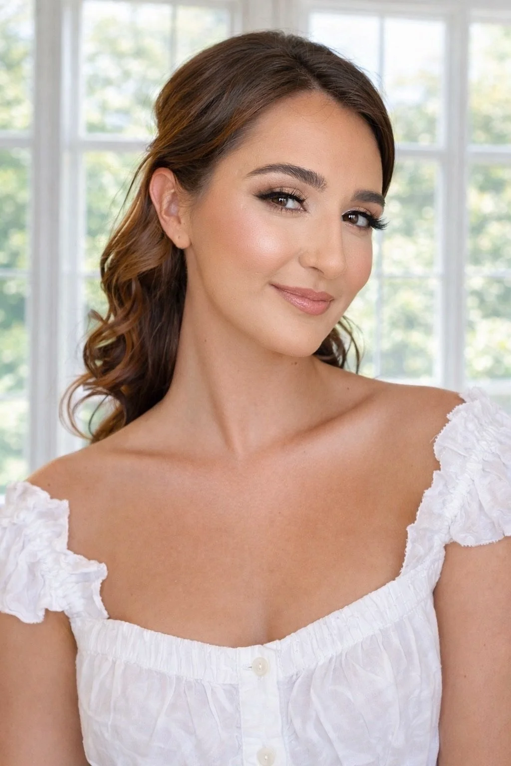 Soft glam bridal makeup with warm bronze eyes
