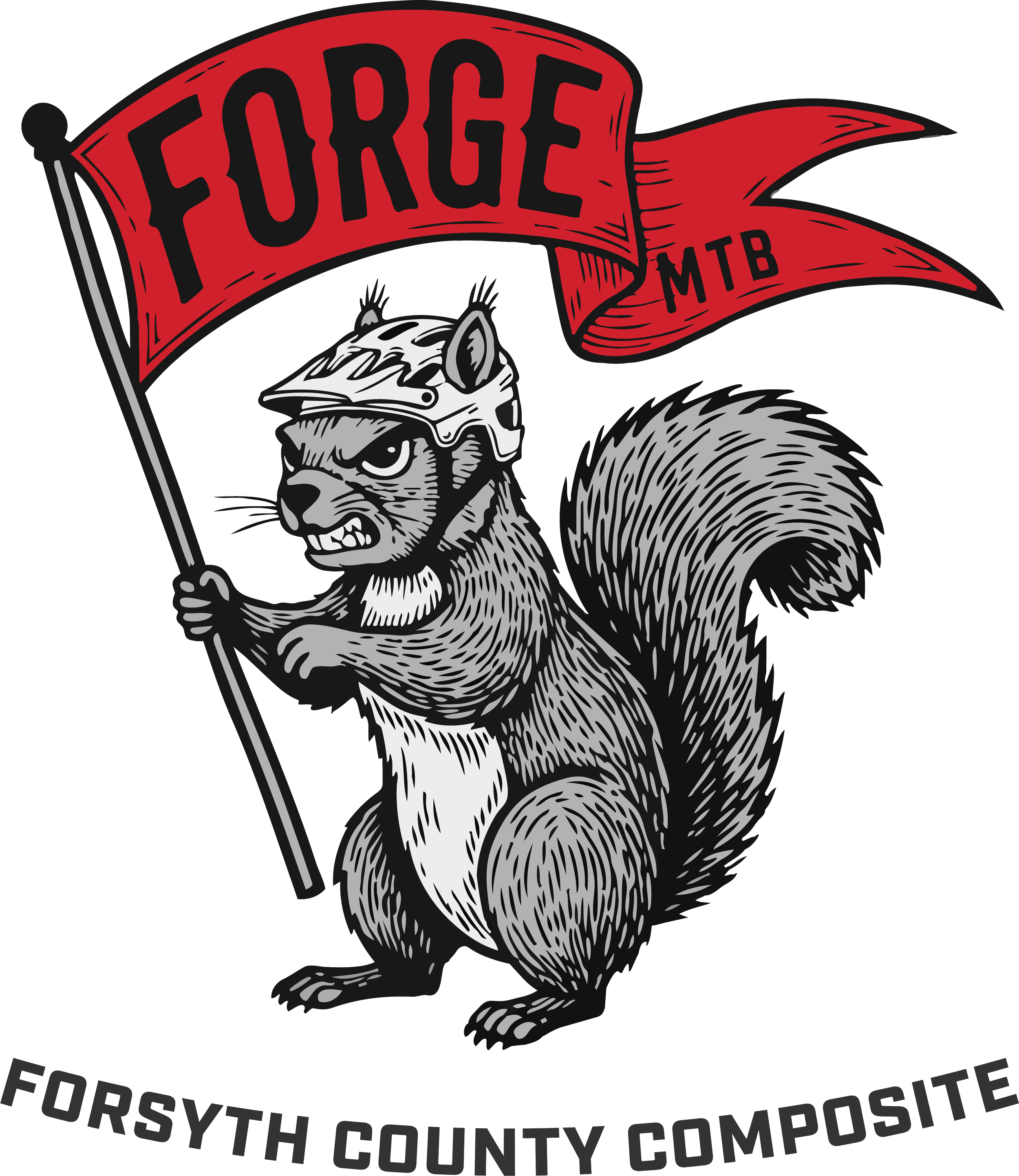 A logo featuring a squirrel wearing a mountain bike helmet and holding a flag with the text 'FORGE MTB' on a red banner. The logo also includes the text 'FORSYTH COUNTY COMPOSITE' at the bottom.