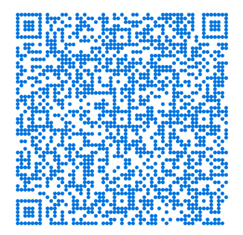 A blue QR code on a white background.