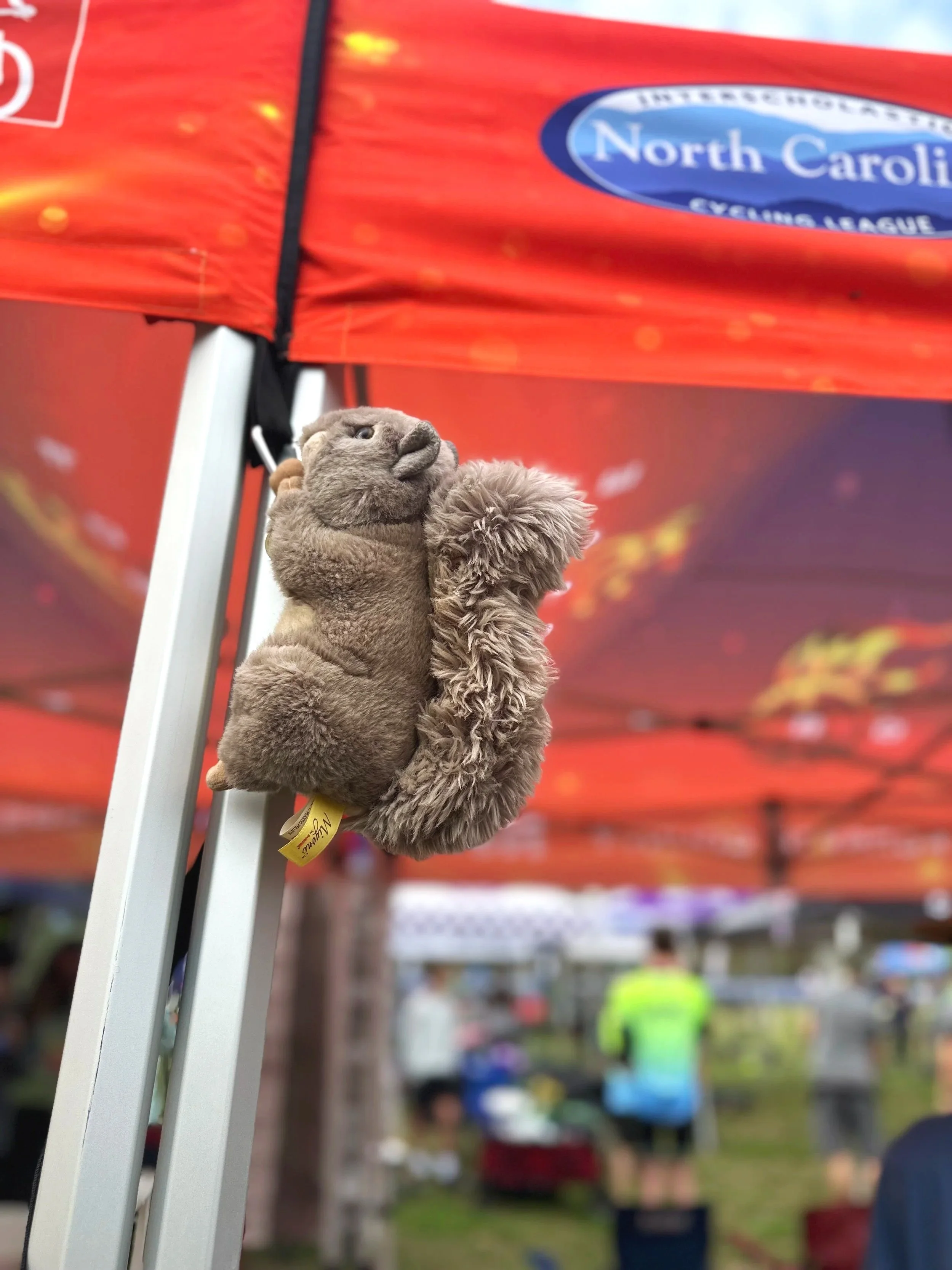 Close-up of a brown plush squirrel toy hanging on a tent at a NICA Mountain Bike Event.