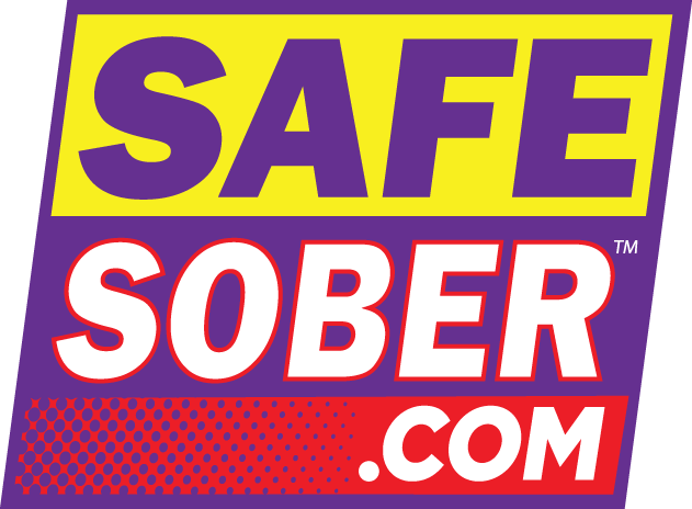 Graphic design promoting immediate action with bold text 'SAFE SOBER .COM' in purple, yellow, red, and white colors, with a red dotted pattern at the bottom.