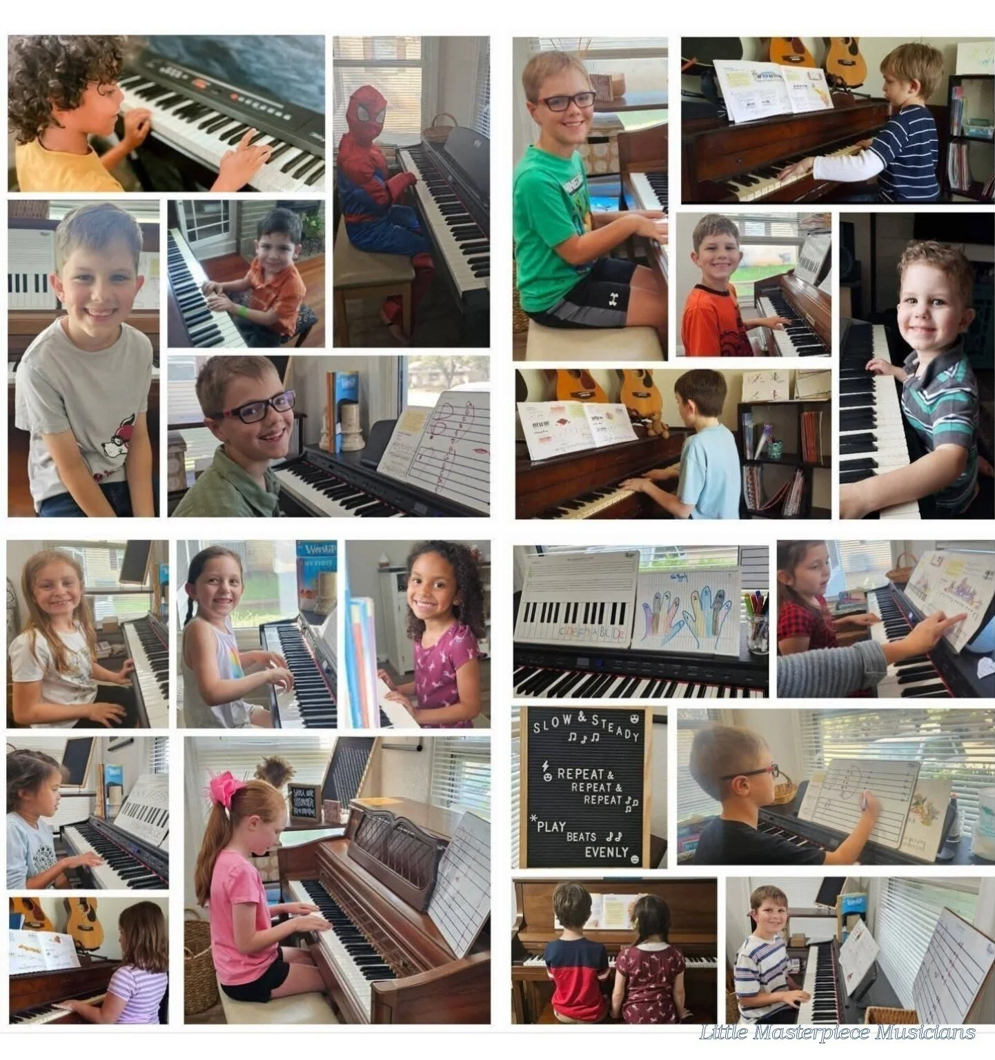 Collage of piano students learning and practicing at Little Masterpiece Musicians Studio.