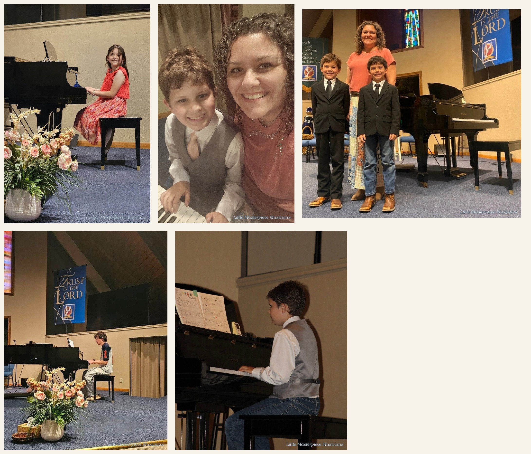 Little Masterpiece Musicians students and teacher celebrating piano recital performances.