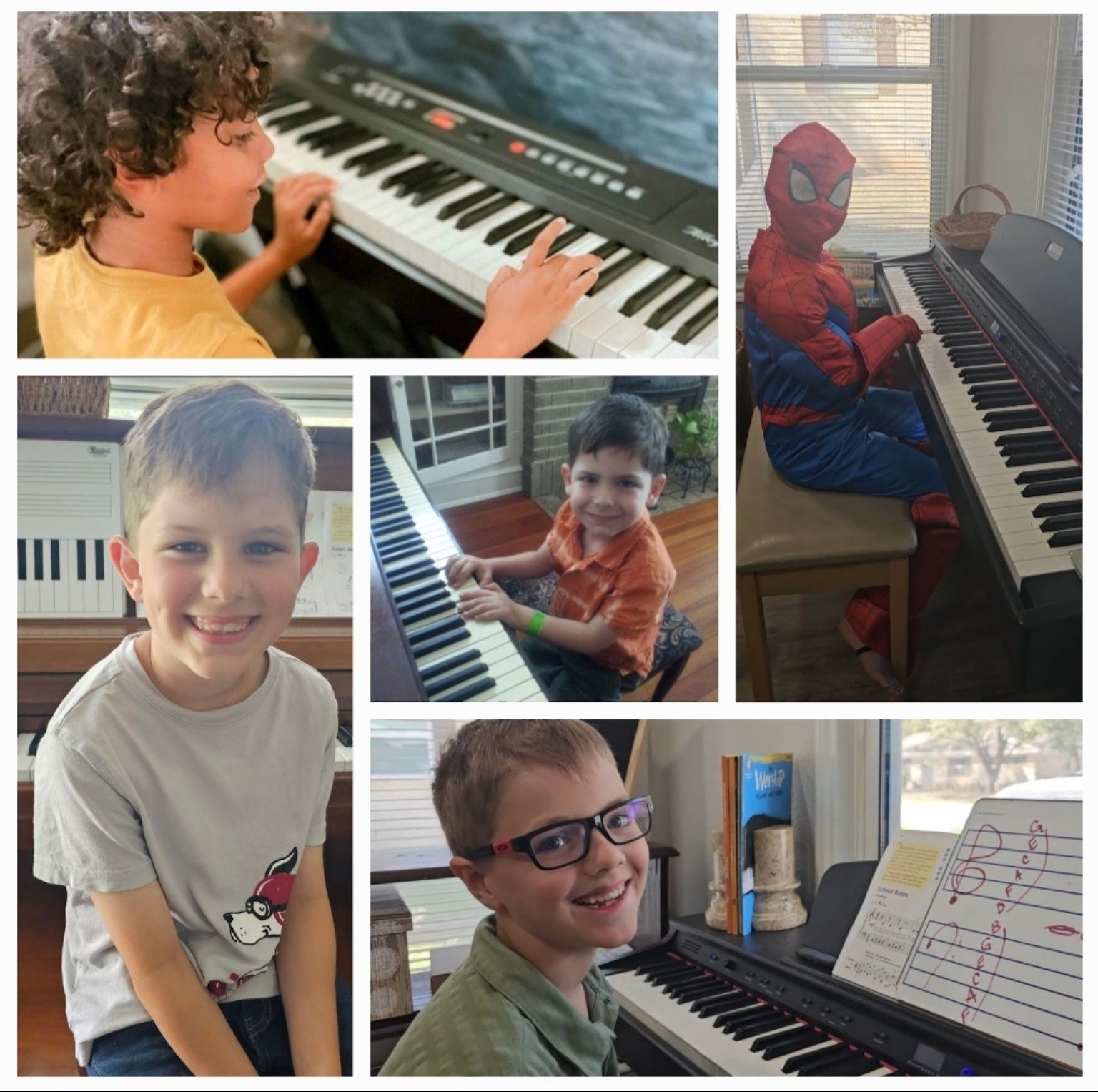 Collage of young students enjoying piano lessons and studio activities with Ms. Kay.