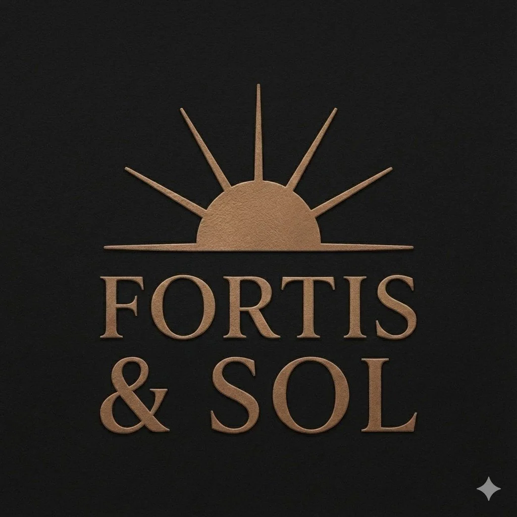A logo featuring a rising sun with rays and the words 'FORTIS & SOL' underneath, on a black background.