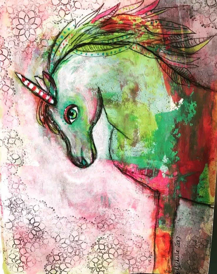 Colorful artwork of a unicorn with a rainbow-colored mane and a striped horn, surrounded by abstract pink and green watercolor splashes.
