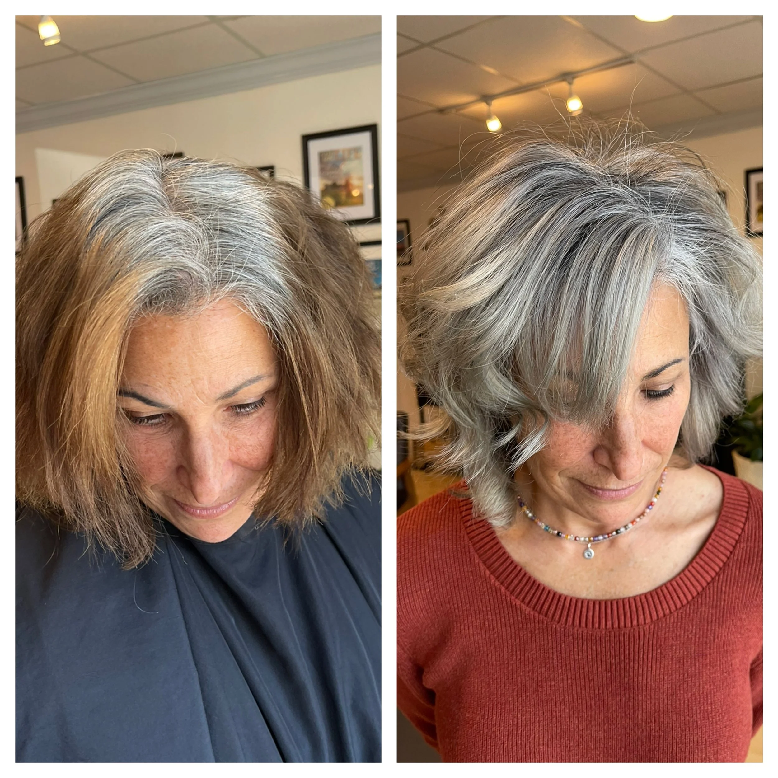 Side-by-side comparison of a woman before and after a hair transformation. In the 'before' image, she has voluminous, unruly, light brown hair with visible gray streaks. In the 'after' image, her hair is styled into a sleek, layered, silver-gray look with a soft, wavy texture, wearing a red sweater and a colorful beaded necklace.