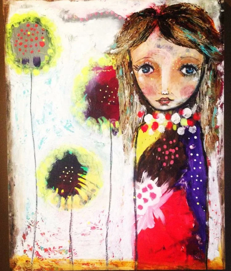 An abstract painting of a girl with large blue eyes and long brown hair, wearing a multicolored dress. The background features bright colorful flowers with black centers and sticks, painted in a loose, expressive style.