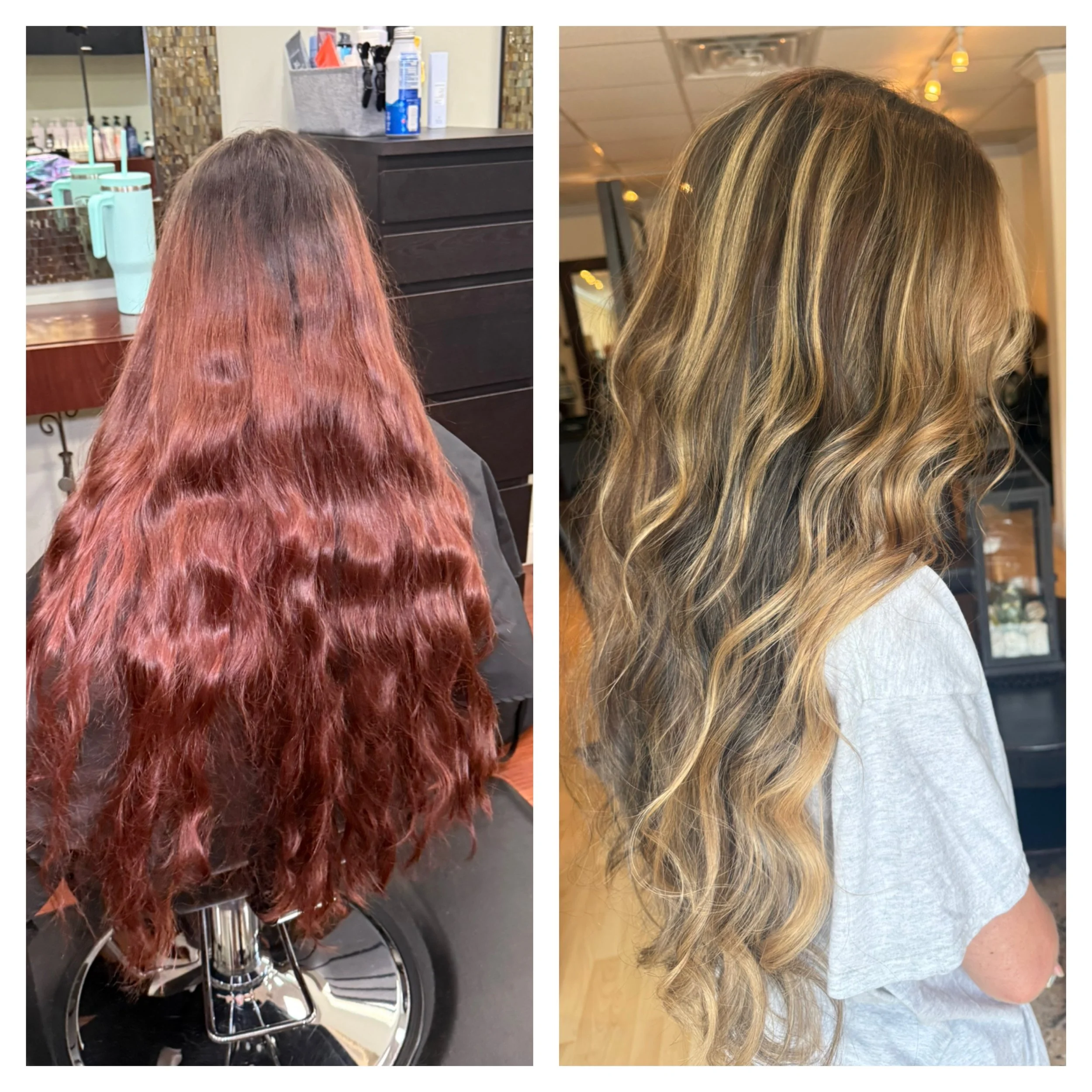 Side-by-side comparison of a woman's long, wavy hair before and after a hair transformation. The 'before' on the left shows long, red, wavy hair with a slightly frizzy texture. The 'after' on the right displays the same hair styled with soft, blonde highlights and smooth, defined waves.
